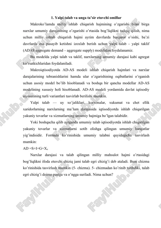 omad samarasi va o’rinbosar tovarlar sabab bo’lar edi. ayrim tovarlarning narxi pasayganda, iste’molchilarning pul daromadlari ko’proq mahsulot sotib olish imkonini beradi (daromad samarasi). shuningdek, narx pasayganda iste’molchi ushbu tovarni ko’proq boshqa sotib oladi, chunki u boshqa tovarlarga nisbatan arzonroq bo’ladi (o’rnini bosadigan tovarlar). milliy bozorda ad-egri chizig’ining traektoriyasini avvalo pulning miqdoriy nazariyasi tenglamasi yordamida izohlash mumkin. m*v=y*r bu erda: m — muomaladagi pul miqdori; v — pulning aylanish tezligi; r — iqtisodiyotdagi narxlar darajasi (narx indeksi); y — talab qilinayotgan real ishlab chiqarish xajmi. m *v m *v bu tenglamadan p = ; y= tenglamalarni keltirib chiqaramiz. y p bu tenglamalardan ko’rinadiki, narxlar darajasi qancha oshsa, real milliy mahsulot xajmiga talab hajmi shuncha past bo’ladi, ya’ni pul massasi (m) va uning aylanish tezligi(v) o’zgarmas bo’lsa, narxlar darajasi va umumiy talab o’rtasida teskari bog’liqlik mavjud bo’ladi. buiday bogliqlik, shuningdek quyidagi narx omillari bilan izohlanadi: 1. foiz stavkasi samarasi; 2. boylik samarasi …