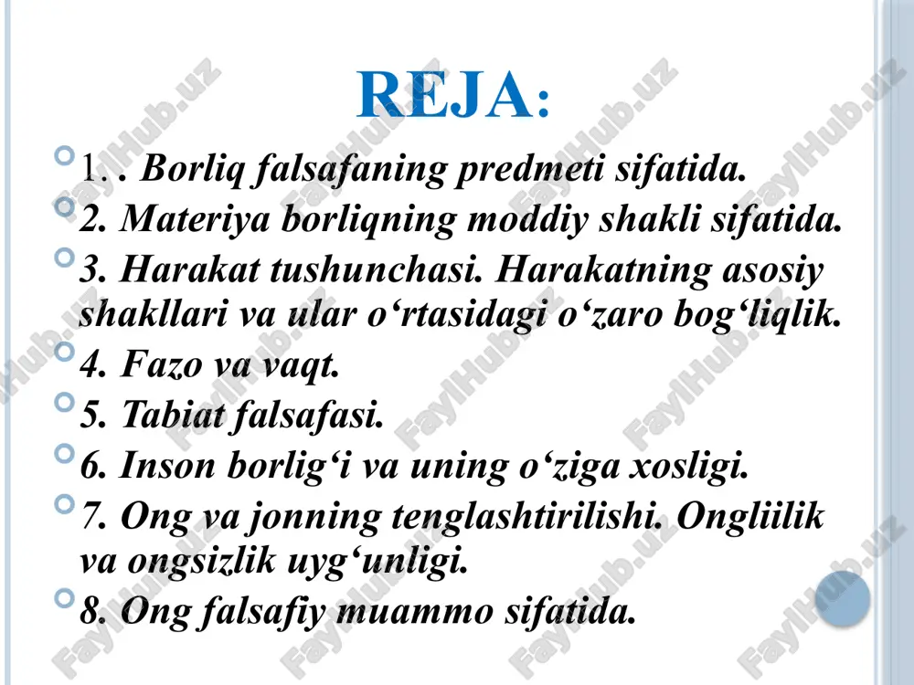 shakllariga хоs tоmоnlarning yig`indisi majassamlashgandir. inson til insonning fikrlash faoliyati amalga oshuvchi muhim shakl hisoblanadi. ong nafaqat insonning mehnat faoliyati, balki odamlar o‘zaro aloqasi va muloqotining universal vositasi – til bilan ham uzviy bog‘liqdir. mehnat tilni rivojlantiradi va boyitadi. insоn bоrlig`i jamiyat taraqqiyotining birdan bir manbaidir. ijtimоiy bоrliq hоdisalarning barcha turlarini o`z ichiga qamrab оladi.jamiyatdagi barcha hodisalar iqtisоdiy siyosiy оilaviy ijtimоiy etnik ijtimоiy ma`naviy borliq bоrliq faqat mоddiy shaklda emas, ma’naviy, ruhiy shaklda ham namоyon bo`ladi. ma’naviy bоrliq insоn tоmоnidan yaratilgan rang-barang madaniyat va san’at asarlari, til, ilmiy kashfiyotlar, g`оyalar, aхlоq-оdоb qоidalari, falsafiy, estetik, badiiy, siyosiy, tafakkurlash madaniyati, ruhiy kechinmalar, diniy tasavvurlar, tushunchalar va h.k. majmui kiradi. falsafada substansiya muammosi falsafa tarixida o‘zining mavjudligi uchun o‘zidan boshqa narsaga muhtoj bo‘lmagan birinchi asosni ifodalash uchun “substansiya” (lot. substantia – mohiyat, asos) kategoriyasi qo‘llaniladi. ilk falsafiy yo‘nalishlarning vakillari barcha narsalar asosini tashkil etuvchi moddani birinchi asos sifatida tushunganlar. “substansiya” tushunchasi o‘z-o‘zini to‘liq …