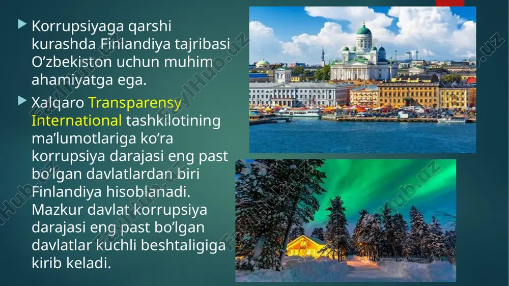 monidan ko’rib chiqiladi. bu sud hattoki davlat rahbariga nisbatan bo’lgan ishlarni ham ko’rib chiqishi mumkin. unga – adliya kansleri, parlament vakili ombudsman, hukumat vakillari, oliy sud va ma’muriy sud sudyalari a’zo bo’lishi mumkin. ikkinchi jahon urushidan keyin davlat sudi bor – yo’g’i bir marta chaqirilgan xolos. davlat xizmatchilari soni unchalik ko’p emas. ayniqsa, 90-yillardan keyin davlat xizmatchilari soni deyarli teng yarmiga, ya’ni 230.000 dan 127.000 ga qisqartirilgan. finlandiyada davlat xizmatchilarini korrupsiyalashuvidan saqlovchi muhim omillardan biri - ularning moddiy va ijtimoiy ta’minlanganligidadir. alohida ta’kidlash lozimki, finlandiyada ommaviy axborot vositalari ijtimoiy nazoratning muhim vositasi bo’lib xizmat qiladi. hukumat esa, ommaviy axborot vositalariga nafaqat erkinlik yaratib bergan, balki har bir e’lon qilingan korrupsiya holati bo’yicha aniq choralarni ko’rib boradi. finlandiya korrupsiyaga qarshi bir qancha xalqaro hujjatlarga qo’shilgan, xalqaro tashkilotlar va boshqa davlatlar bilan hamkorlik aloqalarini faol olib boradi. finland corruption index 2013-2022 finlandiyada nega ommaviy korrupsiya yo‘qligi va hech qachon bo‘lmasligi haqida 5 …