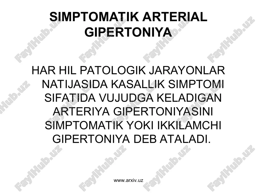 asining oshishi – aylanib yuruvchi qon hajmining ko'payishi – gipervolemiya. www.arxiv.uz www.arxiv.uz b. endokrin kasalliklarda ba'zi gormonlar ajralishi ko'payadi. akromegaliya feoxromasitoma kasalligida buyrak usti bezi miya qavati giperplaziyasi nati jasida adrenalin ko'p miqdorda ajraladi, simpato-adrenal sistemasi tonusi ortadi. isenko-kushing kasalligida buyrak usti bezi po'stlog'ining giperplaziyasi yoki o'smasi ta'sirida 11-oksikortikosteroidlar sekresiyasi ko'payadi. tireotoksikozda tiroksin va triyodti roning gormonlari ta'sirida yurakning daqiqalik hajmi va aylanayotgan qon hajmi ortadi va sistolik gipertoniyani sodir qiladi. www.arxiv.uz www.arxiv.uz с. klimakterik gipertoniya patogenezi asosida menopauza davrida follikulyar gormon depressor faoliyatining zaiflanishi yoki to'xtashi yotadi. esterogenlar ishlab chiqarilishining to'xtashi, shubhasiz yana mns faoliyatining buzilishiga olib keladi. www.arxiv.uz www.arxiv.uz d. gemodinamik gipertoniya asosida yurakning zarb hajmining ko'payishi yotadi. 1)takayasu sindromida ag yallig'lanish jarayoni ta'sirida buyrak arteriyalarining torayishi hamda aorta depressor sohasining qamali yuzaga keladi. 2) aortaning ko'krak bo'limi koarktasiyasida (tug'ma torayishda) arteriya bosimining ko'tarilishi asosida gavdaning yuqori yarmi qon tomirlarining liq to'lishi, qonnning zarblik va daqiqalik hajmining ko'payishi …
