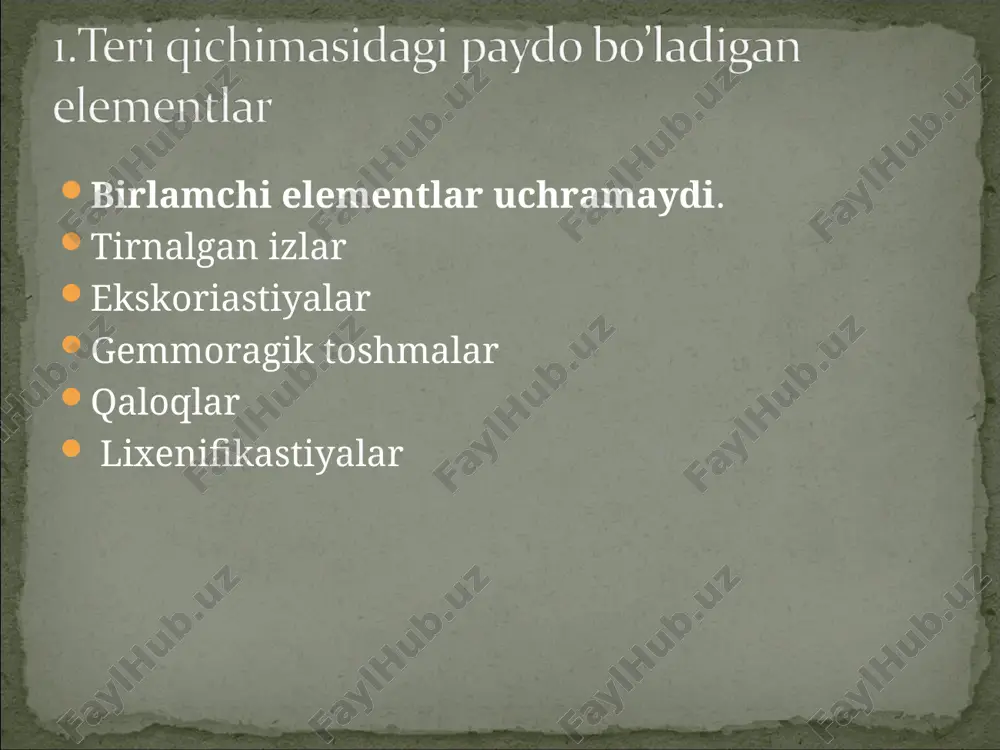 oshmalar toshishi bilan uchraydi ko’proq xollarda badanda, dumba soxasida, oyoq-qo’llarning yozuvchi qismlarida uchraydi. qavarchiqlar paydo bo’lib ularning o’rtasida papula ya’ni tugunchalar paydo bo’ladi va bu tugunchalarning xam o’rtasi yoki uchi suvchirab pufakchaga aylanadi. qichingandan terida ekskoriastiyalar, qaloqlar va gemorragik elementlar paydo bo’ladi. o’tkir va surunkali shakllari mavjud. o’tkir shaklida suvchiragan va shishli tugunchalar tananing qorin va dumba soxalariga hamda muchalarning yozuvchi qismiga toshadi. surunkali shaklida qayd etilgan belgilar surunkali tus oladi. kamdan kam uchraydigan turiga kirib bunda asosan kattaligi bir santimetrgacha keladigan tugunlar paydo bo’lib kuchli qichish bilan kechadi. toshmalar yuzasi tirnalib qaloqlar xosil qiladi. asosiy joylashgan joyi-muchalarning yozuvchi qismi xisoblanadi. asosiy elementlar qavarchiqlar xisoblanib, toshmalar tanada va muchalarda joylashadi. qo’tir surunkali ekzema qizil yassi temiratki zamburug’ kasalliklarining mikoz oldi davridan strafullyoz xasharotlar chaqishi dyuring dermatozi keltirib chiqaruvchi sababni bartaraf qilish. maxalliy davo: namlash, kortikosteroidli, yallig’lanishga qarshi, og’riqni qoldiruvchi, so’riltiruvchi malxamlar tinchlantiruvchilar neyroleptiklar desesibilizastiyalovchilar antigistaminlar umumiy quvvatlovchilar siydik xaydovchi dorilar …