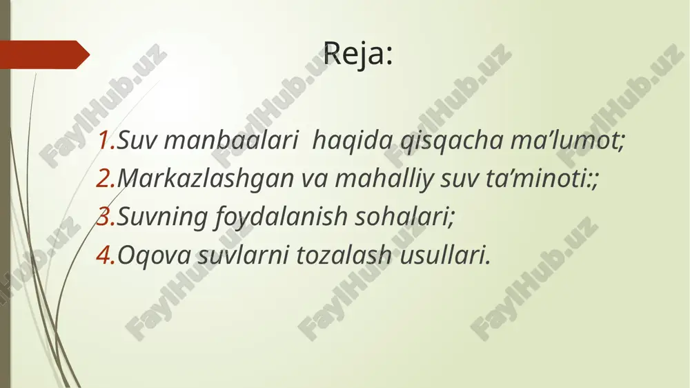 ’rtacha 48%-52% ga tengdir. markazlashgan suv ta’minoti (suv tarqatish tarmog’i) aholini suv bilan ta’minlashdagi eng yaxshi usul hisoblanadi, chunki agar mahalliy suv tarqatish ta’minoti tizimida aholi suvni bevosita manbaning o’zidan hech qanday tozalash ishlarini amalga oshirmay iste’mol qilsa, markazlashgan suv ta’minoti tizimida suvni manbadan olish, tozalash, zararsizlantirish va uni iste’molchigacha yetkazib berish bosqichlari orqali amalga oshiriladi suvning foydalanish sohalari oqova suvlarni tozalash usullari mexanik biologik kimyoviy suvni tindirish suvga koagulyant qo’shish suvni filtrlash kimyoviy neytrallash biologik maxsus suv o’tlari yordamida suvda cho’kma cho’kadi oksidlash-qaytarish tindirgich qumushlagich neytrallash jarayoni suvning ph=7 bo’lganda tarkibidagi erkin h va oh ionlari soni teng. agar ph 7 muhit ishqoriy biohovuzlar sanoat oqova suvlariga qo’yiladigan talablar № oqova suvlarning ko’rsatkichlari o’lchov birligi rek 1. muallaq moddalar mg/l 500 2. kbt 20 mg/l 500 3. kkt mg/l 800 4. ph 6,5-8,5 5. harorat s 40 6. quruq qoldiq mg/l 2000 7. xloridlar mg/l 350 8. sulfatlar mg/l …