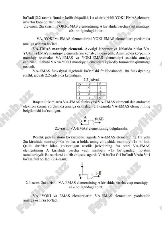 ki, agarda va-emas elementining 1ta yoki 2ta kirishida mantiqiy «0» bo’lsa, u holda uning chiqishida mantiqiy «1» bo’ladi. qalin shriftlar bilan ko’rsatilgan rostlik jadvalining 2ta satri va-emas elementining a kirishida barcha vaqt mantiqiy «1» bo’lgandagi holatini xarakterlaydi. bu satrlarni ko’rib chiqsak, agarda v=0 bo’lsa f=1 bo’ladi vada v=1 bo’lsa f=0 bo’ladi (2.4-rasm). 2.4-rasm. 2ta kirishli va-emas elementining a kirishida barcha vaqt mantiqiy «1» bo‘lgandagi holati. va, yoki va emas elementlarini va-emas elementlari yordamida amalga oshirsa bo’ladi. hisobot ma’zmuni. talabalar berilgan funksiyaning elektron sxemasini ham-emas (1-16 variantgacha) va yoki – emas (17-32 variantgacha) mantiqiy elementlari yordamida yasashi va rostlik jadvalini tuzishi kerak (laboratoriya ishlari daftarida). image7.jpeg image8.png image9.png image1.png image2.jpeg image3.jpeg image4.jpeg image5.png image6.jpeg