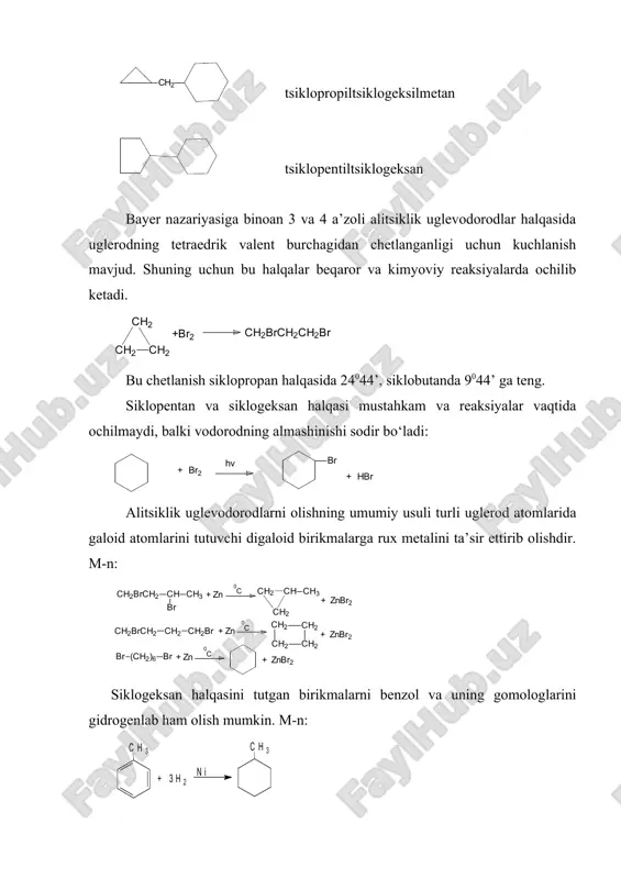 uglevodorodlar va ularning hosilalarini boshqa maxsus usullari ham mavjud. siklik uglevodorodlarda halqadagi uglerod atomlari bir tekislikda yotaolmaydi, shuning uchun ular turli konformatsiyalarda bo‘ladi: «vanna» konformatsiya «kreslo» konformatsiya bunday konformatsiyalarning mavjud bo‘lishishining sababi halqadagi uglerod atomlarining bitta tekislikda yotmasligidadir. bunday konformatsiyalarni to‘rt va besh a’zoli halqalar uchun ham yozish mumkin. adabiyot: 1.o.ya neyland organicheskaya ximiya. m.: «viysshaya shkola». 1990. s.159-175. 2.a.n. nesmeyanov, n.a. nesmeyanov nachala organicheskoy ximii. m.: kniga -1. 1969. s. 523-629. 3.q.n. axmedov, x.y. yo‘ldoshev organik kimyo usullari. ii-qism. t.: «universitet». 1998. 90-116 b. image4.wmf image5.wmf image6.wmf image7.wmf image8.wmf oleobject3.bin image9.wmf image1.png image2.png image3.wmf
