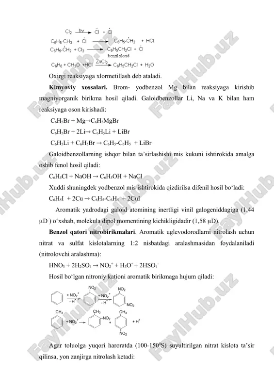 ikligidadir (1,58 d). benzol qatori nitrobirikmalari. aromatik uglevodorodlarni nitrolash uchun nitrat va sulfat kislotalarning 1:2 nisbatdagi aralashmasidan foydalaniladi (nitrolovchi aralashma): hno3 + 2h2so4 no2+ + h3o+ + 2hso4- hosil bo‘lgan nitroniy kationi aromatik birikmaga hujum qiladi: agar toluolga yuqori haroratda (100-1500s) suyultirilgan nitrat kislota ta’sir qilinsa, yon zanjirga nitrolash ketadi: c6h5-ch3 + hno3 c6h5-ch2no2 + h2o. agar benzolning yon zanjirida uzun radikal bo‘lsa, uning -holati nitrolanadi: adabiyot: 1. o.ya.neyland organicheskaya ximiya. m.: «viysshaya shkola». 1990. s. 236-244, 378-384. 2. a.terney sovremennaya organicheskaya ximiya. m.: «mir». 1981. t.ii. s.201-202, 204, 206, i. s.615-623. 3. k.n.axmedov, h.y.yo‘ldoshev organik kimyo usullari. 2 qism. t.: «universitet». 1993. 23-28. image6.wmf image1.wmf image2.wmf image3.wmf image4.png image5.wmf