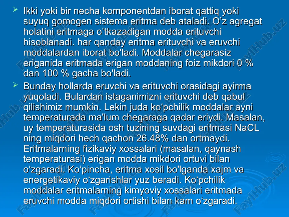 n: bo’rning qattiq kukuni suvda chayqatilsa suspenziya bo’ladi. agar dispers sistemadagi zarrachalar 100 nm dan kamroq bo’lsa, ularni mayin dispers sistemalar deb ataladi. umuman olganda diametri 1-100 nm oralig’idagi mayin dispers sistemalar turg’un bo’lib, o’lchami 100 nm dan kattaroq bo’lgan dag’al dispers sistemalar qisqa vaqtda o’z gomogenligini yo’qotishi mumkin. dispers sistemalarda agregat holatlari uch xil (gaz, suyuq yoki qattiq) bo’lib, ular o’zaro aralashganda to’qqiz xil sistemalar tashkil qiladi. dispers muhit va dispers fazaning qaysi agregat holatidan qat`i nazar dispers sistemalarni uchta guruhga chin eritmalar, kolloid va dag’al dispers sistemalarga bo’linadi. -chin eritmalarda dispers faza molekulyar yoki ion holdagi zarrachalardan iborat; o’lchamlari (kattaliklari) bir-biriga yaqin; ular uzoq vaqt davomida turg’un, dispers muhit va dispers faza bir-biridan ajralishi (tashqi muhit ta`siri bo’lmagan holatda) kuzatilmaydi; dispers faza zarrachalarining diametri 1 nm dan katta bo’lmaydi; zarrachalarni hatto ultramikroskop yordami bilan ham ko’rib bo’lmaydi; zarrachalar cho’kmaydi va barcha filtrlardan o’tib ketaveradi; -kolloid sistemalarda dispers faza …