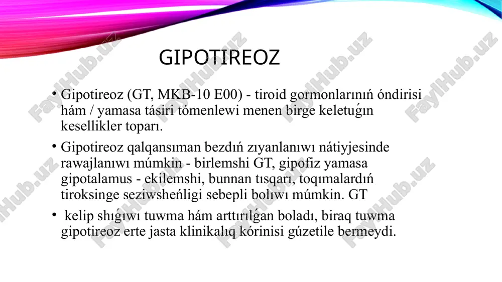 mitreoidektomiya, eger qalqansıman bezdiń júdá úlken bólegi alıp taslanǵan bolsa yamasa diffuz patologik process bar bolsa, gipotireozga alıp keliwi múmkin 3. anomal jaylasqan qalqansıman bezdi alıp taslaw - qalqansıman bez qalqansimon tilshe kista quramında bolıwı múmkin. operatsiyadan aldın, bezdiń barlıq toqımaları kista diywallarında jaylastırılmaǵanlıǵına isenim payda etiw ushın radioizotop skanirin ótkeriw usınıs etiledi. operatsiyadan 6 -8 hápte ótkennen keyin qalqansıman bez funksiyasın bahalaw ushın sıvortkada t4 hám ttg muǵdarın anıqlaydı. gipotireozdıń etiologik klassifikaciyası 4. qalqansıman bezdi ulıwmalastırılǵan infiltrativ yamasa granulomatoz processlerge tartıw - tsistinoz, x gistiocitoz hám basqalar. 5. yod jetispewshiligi - yod jetispewshiligi menen gipotireoz 6. yod hám basqa dári ónimleriniń artıqsha muǵdarı - qalqansıman bez funksiyasına tásir etiwshi preparatlardı qabıllaw (artıq yod, litiy, bromidler, sulfanil-mochevinalar, ayırım sudorogige qarsı preparatlar) 7. radiatsion zıyanlanıw - sonday-aq yod izotopları menen gipotireozdıń etiologik klassifikaciyası ii. ekilemshi - sonday-aq yod izotoplari menen 1. ósimlikler (kraniofaringioma), granulomatoz processler bas mıy jaraqatları, nur terapiyası, ximiyaterapiya …