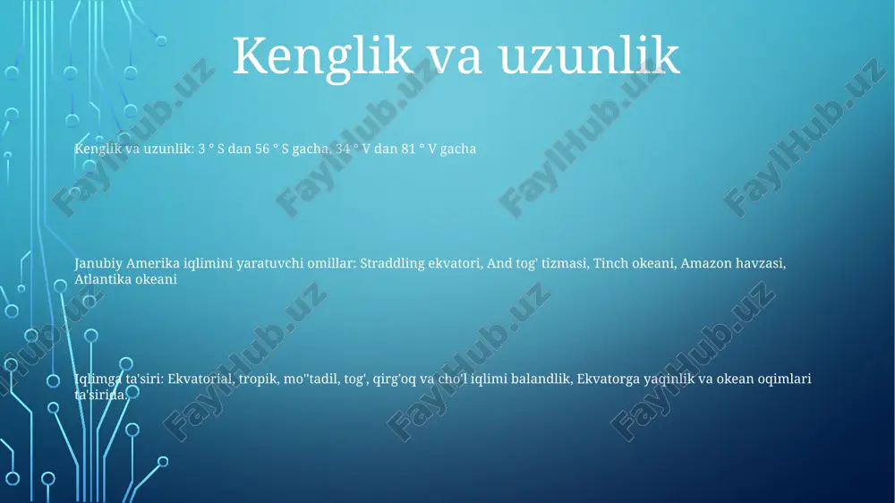 ma'lum bir mintaqada ma'lum bir yo'nalishda uzoq vaqt davomida esadigan doimiy va hukmron shamollar. ular hududning iqlimini shakllantirishda hal qiluvchi rol o'ynaydi. janubiy amerika iqlimini keltirib chiqaradigan shamollar: janubiy amerikaga turli xil iqlim sharoitlariga sezilarli hissa qo'shadigan turli xil shamol tizimlari ta'sir qiladi. bu shamollarga shimoli-sharqiy savdolar, janubi-sharqiy savdolar va g'arbiy shamollar kiradi. shimoli-sharqiy savdolar: shimoli-sharqiy savdolar janubiy amerikaning shimoliy qismlari bo'ylab shimoli-sharqdan oqib o'tadigan ustun shamol shaklidir. bu shamollar namlikni ko'tarib, amazon tropik o'rmonlari kabi mintaqalarda kuchli yog'ingarchilik va yam-yashil o'simliklarga hissa qo'shadi. yomg'ir naqshlari iqlim sabab bo'lgan ofatlar:- ekstremal yog'ingarchilik hodisalari ko'pincha ko'chki, suv toshqini va qurg'oqchilikka olib keladi, bu esa keng ko'lamli zarar va odamlarning yo'qolishiga olib keladi yog'ingarchilik shakllari:- janubiy amerikada yog'ingarchilik sezilarli darajada o'zgarib turadi, hududlarda yiliga 100 mm dan kam, boshqalarida esa 10 000 mm dan ortiq yog'in tushadi iqlim o'zgaruvchanligi va o'zgarishi:- el nino-janubiy tebranish (enso) kabi iqlim o'zgaruvchanligi janubiy amerika bo'ylab yog'ingarchilik …