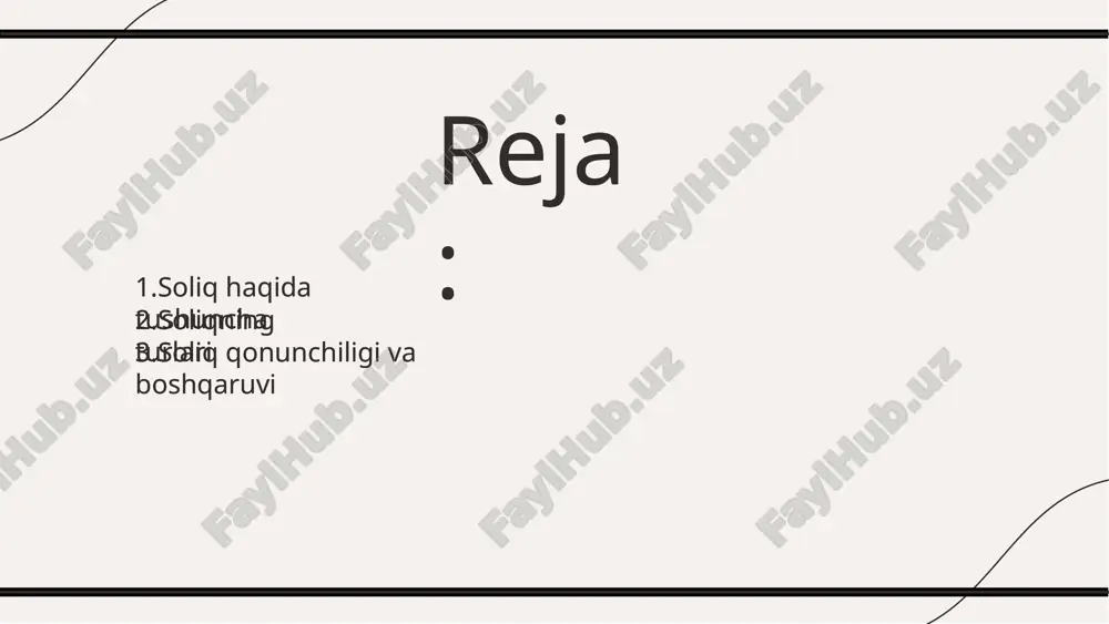lanish usullariga ega.soliq kodeksiga muvoﬁq, mamlakatimizda quyidagi soliq turlari mavjud:- yuridik shaxslardan olinadigan foyda solig‘i;- jismoniy shaxslardan olinadigan daromad solig‘i;- qo‘shilgan qiymat solig‘i;- aksiz solig‘i;- yer qa’ridan foydalanuvchilar uchun soliqlar va maxsus to‘lovlar;- suv resurslaridan foydalanganlik uchun soliq;- mol-mulk solig‘i;- yer solig‘i;- benzin, dizel yoqilg‘isi va gaz ishlatganlik uchun olinadigan soliq. soliqlar bir necha turlarga bo'linadi, jumladan, daromad solig'i, qo'shilgan qiymat solig'i va mulk solig'i. har bir soliq turi o'zining maxsus maqsadlari va qo'llanish usullariga ega.soliq kodeksiga muvoﬁq, mamlakatimizda quyidagi soliq turlari mavjud:- yuridik shaxslardan olinadigan foyda solig‘i;- jismoniy shaxslardan olinadigan daromad solig‘i;- qo‘shilgan qiymat solig‘i;- aksiz solig‘i;- yer qa’ridan foydalanuvchilar uchun soliqlar va maxsus to‘lovlar;- suv resurslaridan foydalanganlik uchun soliq;- mol-mulk solig‘i;- yer solig‘i;- benzin, dizel yoqilg‘isi va gaz ishlatganlik uchun olinadigan soliq. soliqqa tortish jarayoni bir necha asosiy tamoyillarga asoslanadi. ular ichida adolat, shaffoﬂik va samaradorlik muhim ahamiyatga ega. ushbu tamoyillar soliqlarni adolatli va muvaffaqiyatli yig'ishda yordam beradi.soliqqa …