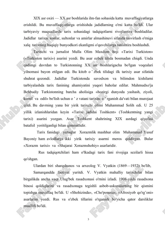 «afrosiyob qo'rg’oni» asarlarini yozdi. rus va o'zbek tillarini o'rganish bo'yicha qator darsliklar muallifi bo'ldi. 1895-yilda tashkil etilgan arxeologiya havaskorlari to'garagining qatnashchilari o'lkadagi tarixiy yodgorliklarni o'rganishga kirishdi. garchi qidiruv va qazish ishlari kamdan kam o'tkazilgan bo'lsa-da, ular ayrim arxeologik obyektlarni izlab topish va yodgorliklarni tavsiflash bilan shug'ullanib, sohaga muayyan hissa qo’shdilar. o 'zingizni sinang! mulla olim maxdum hoji — v. vyatkin — 1895-yilda muhammad solih — yusuf bayoniy — o'rta osiyoni imperiyaning bir qismiga aylandi deb hisoblagan mustamlakachi hukumat o'lkani faol o'zlashtirish maqsadida ilm-fanni rivojlantirishga ham harakat qildi. eng avvalo, 1867-yilda mintaqaning bosh xaritasi tuzib chiqildi. hududni xaritalashtirish va iqlimini o'rganish uchun toshkentda meteorologiya stansiyasi tashkil etildi. mutaxassislar yetishmasligi sababli uzoq vaqt davomida keng ko'lamli ilmiy tadqiqotlarni shakllantirish amalga oshlrilmadi. faqat xix asrning 90-yillarida va xx asr boshlarida o'rta osiyoning tabiiy boyliklarini o’zlashtirish bilan bog'liq bo'lgan tadqiqot ishlari avj oldi. mashhur rus zoologi va sayyohi n. a. seversev pomir tog' tizrmini …