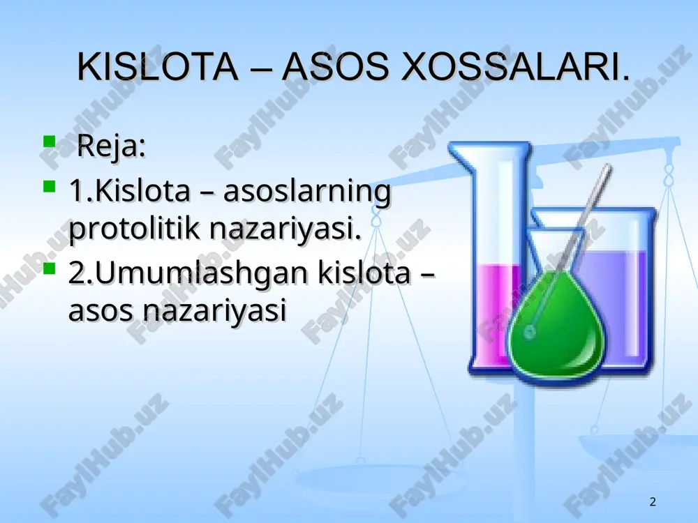 i reaksiyada suv asos rolini, ikkinchi reaksiyada esa kislota rolini bajaradi. ham kislota ham asos xossalariga ega bo’lgan erituvchilarga amfiprot erituvchilar deyiladi. * erigan kislota yoki asosning erituvchi bilan o’zaro tasir darajasi erituvchining proton berish yoki olish qobilyatiga bog’liq. masalan, hcio4, hci, hbr singari kislotalar suvli eritmalarda juda kuchli hisoblanasa, protonlarning kuchsiz akseptori bo’lgan muz sirka kislota erituvchi sifatida olinsa, faqat perxlorat kislota kuchli bo’ladi xolos. hci, hbr kislotalari muz sirka kislotada juda kuchsiz bo’ladi. proton qabul qilib olishiga ko’ra proton chiqarish xususiyati kuchliroq erituvchilarga protogen erituvchilar deyiladi. bunday erituvchilarda kislotoning dissotsalanishi qiyinlashadi, asoslarning dissotsalanishi esa osonlashadi: (ch3)3n + ch3cooh = (ch3)3nh+ + ch3coo- * kislotaning dissotsiatsiyasi uning protoniga erituvchining moyilligidan vujudga keladi. bu moyillik qanchalik katta bo’lsa, kislotaning dissotsalanishi shuncha oson bo’ladi. protonga moyillik ustunlik qiladigan erituvchilarga protofil erituvchilar deyiladi. protofil erituvchida (masalan, suyuq ammiakda) kuchsiz hisoblangan hcn kislota ham kuchli bo’ladi. hcn +nh3 = nh4+ + cn- * …