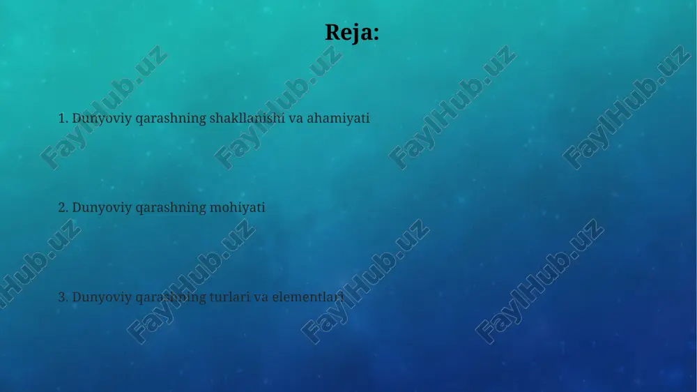 lar tizimi dunyoqarashning muhim elementidir, chunki u 1-darajali faktlar, ilmiy tushunchalar va 2-darajali shaxsiy tajribalar asosida shakllanadi. e'tiqodlar shaxsning 7 ta asosiy tamoyillari, jumladan, xudo, adolat va haqiqatga bo'lgan ishonchini aks ettiradi, 9 ta turli xatti-harakatlariga ta'sir ko'rsatadi. turli dunyoqarashlar ba'zi madaniyatlarda, kollektiv dunyoqarash ustuvor, bunda jamiyat manfaatlari shaxsiy manfaatlardan yuqori qo'yiladi, bu esa 80 foizgacha qarorlarga ta'sir qilishi mumkin. ilmiy dunyoqarash empirik dalillarga asoslanadi va 21-asrda texnologik innovatsiyalarni, xususan, kvant hisoblash va biotexnologiyani rivojlantirishga 99 foiz hissa qo'shadi. diniy dunyoqarashlar axloqiy tamoyillarni belgilaydi, masalan, islomda ziyorat qilish va zakot berish kabi 5 ta ustun shaxsning 60 yoshdan oshgan hayotiga ta'sir qiladi. dunyoqarashning ahamiyati dunyoqarash jamiyatdagi 0 dan 100 gacha bo'lgan har bir a'zoning birlashuvi va 10 dan ortiq ijtimoiy muammolarni hal qilishda muhim ahamiyatga ega, bu esa barqaror rivojlanishni ta'minlaydi. dunyoqarash orqali shaxs 5 ta asosiy savolga javob topadi: 1) kimman, 2) qayerdaman, 3) nimaga erishmoqchiman, 4) qanday yashashim …