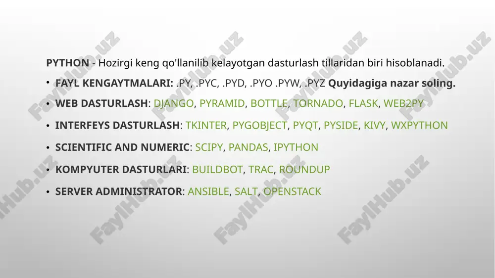 ) x = 4 # x integer turiga mansub x = “rakhimova" # x string tipi o'zgartirildi. oldingi qiymat yoqoldi! print(x) o'zgaruvchilarga nom berish! o'zgaruvchi qisqa nomga ega bo'lishi mumkin (masalan, x va y) yoki ko'proq tavsiflovchi nom (yosh, karnay, master va h.k). python o'zgaruvchilar uchun qoidalar: o'zgaruvchilar [a-z] harf bilan yoki "_"pastga belgi bilan boshlanishi zarur! o'zgaruvchilar nomi raqam bilan boshlanmaydi! o'zgaruvchi [a-z] harf bilan yoki "_"pastga belgi bilan boshlanib raqamlar ham aralashtirsa bo'ladi. ( _ali123, son90 va h.k) o'zgarvchi nomida katta va kichik harflar ahamiyatga ega bo'lib misol uchun aka va aka ikki xil o'zgaruvchi nomi hisoblanadi! (aka, aka, aka, aka) o'zgaruvchi turlari o'zgaruvchilarda har xil turdagi ma'lumotlarni saqlash mumkin va har xil tip ga ega bo'lishi mumkin. matn turi: str raqam turlari: int, float, complex tarkib turlari: list, tuple, range xarita turi: dict turlarini o'rnatish: set, frozenset boolean turi: bool ikkilik turlari: bytes, bytearray, memoryview n = …