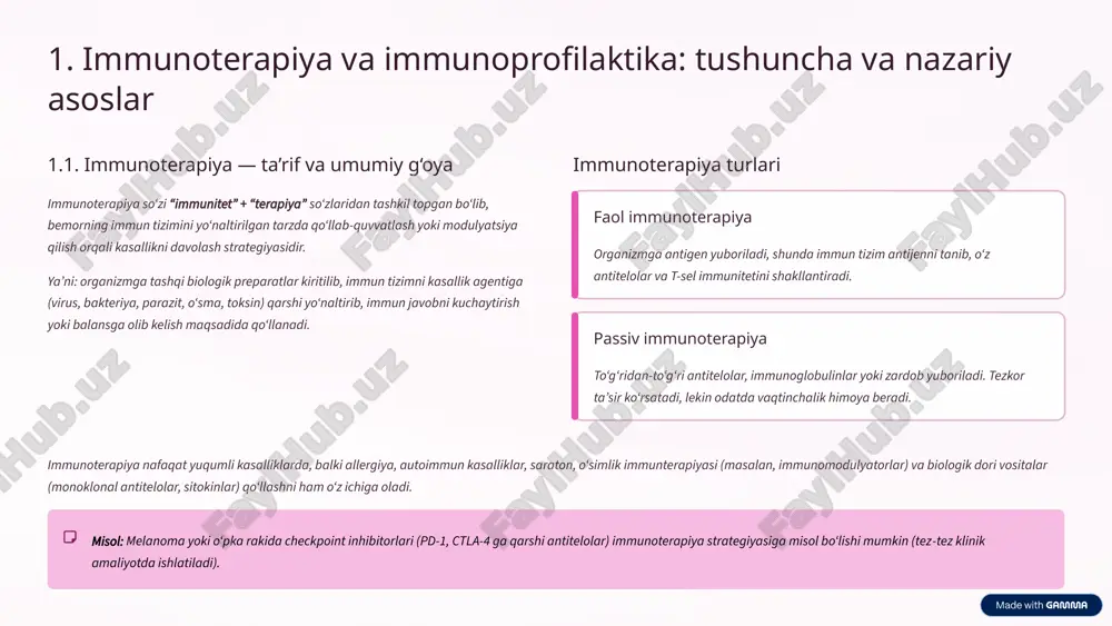 ikni oldini olish davolash maqsadi aktiv profilaktika antigen yuborilishi orqali organizmda mustahkam, uzoq muddatli immun javob hosil qilish. (vaksinatsiya bu yo‘lga kiradi.) passiv profilaktika (seroprofilaktika) tayyor immun fermentlar (immunoglobulinlar, zardob) yuborish orqali tezkor himoya ta’minlash, lekin vaqtincha. muvofiq munosabat: immunoterapiya — kasalligini davolashga yo‘naltirilgan; immunoprofilaktika — kasallik paydo bo‘lishidan avval uni oldini olishga yo‘naltirilgan. 3 2. vaksina va uning turlari 2.1. vaksina: ta’rif, vazifasi va umumiy printsip vaksina — mikroorganizmlar (bakteriyalar, viruslar) yoki ularning komponentlari, toksinlari, attenuated shakllari yoki rekombinant antigenlari bo‘lib, immun tizimni bo‘sh joyida tayyorlab, bemorni kasallik bilan yuzma-yuz kelganda himoya qila oladigan holatda qilishga mo‘ljallangan biologik preparatdir. 1 immunologik xotira yaratish t- va b-hujayralarni “eslash” imkonini berish. 2 effektor javobni tayyorlash kasallik agenti kirganda organizm tezkor javob bera oladi. 3 taroq ta’sirini susaytirish virus yoki bakteriyani tarqalish darajasini pastlatish. 4 jamoaviy immunitetni yaratish vaksinalangan aholining ulushi normal holda kasallik tarqalishini cheklaydigan barriere bo‘lishi. 4 2.2. vaksinalarning turlari …