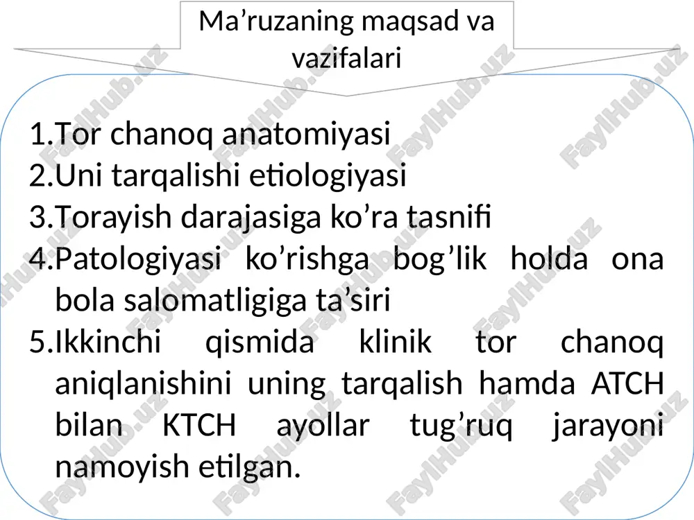 iv darajasi 0,2 % iii darajasi 0,8 % ii darajasi 21,2 % anatomik o’lchamlariga qarab: № чанок дистан. спинар. дистан. крист. дистан. трокон. кончюгата экстренна кон-та диаг-лись кон-та вера 1. нормал 25-26 28-29 30-31 20-21 13 17 2. хамма томонлама торай-ган чанок 25 27 29 19 12 10 3. инфантил 24 26 28 18 11 9 4. оддий ясси 26 29 31 18 10,5 8,5 5. ясси рахитик 26 26 31 17 9 7,5 6. хаммма тарафлама то-райган ясси 23 24 28 15 9 7 tug’ruqda uchraydigan asoratlar quyidagicha qog’onoq suvlarini barvakt yoki vaktidan oldin ketishi tug'ruqning chuzilishi tug'ruq yullariga infeksiya tushishi ikkilamchi tug'ruq kuchlarining sustligi homila asfiksiyasi tugruqda uchraydigan asoratlar quyidagicha gipo va atonik qon ketishlar homilaning ulik tugilishi simfizning ajralishi homila asfiksiyasi tug’ruqni olib borish 1 darajadagi tor chanoklarda tugruk, tabiiy tugruk yullari orkali olib boriladi 2 darajada ba'zan tugruk, tabiiy tugruk yullari orkali olib boriladi 3 darajada …