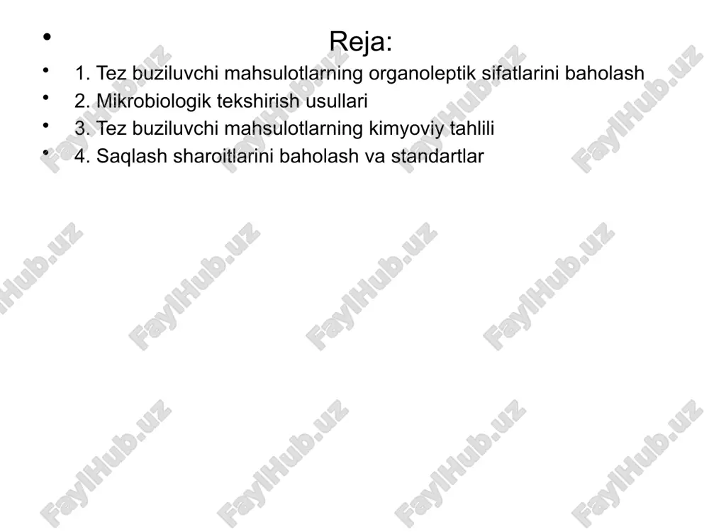 mahsulotlarda muz eritilganligi yoki qayta muzlatilganligi aniqlanadi. 6. mahsulotning saqlash muddati • qadoqdagi yaroqlilik muddati va ishlab chiqarilgan sanani tekshirish. • qadoqning yaxlitligi ham baholanadi, chunki yirtilgan yoki shikastlangan qadoq mahsulotning buzilish ehtimolini oshiradi. 7. instrumental usullar • gaz xromatografiyasi: mahsulot tarkibidagi gazlar yoki uchuvchan moddalarni aniqlash. • infraqizil spektroskopiya: mahsulotning kimyoviy tarkibini o‘rganish. • termografiya: mahsulot harorati va issiqlik o‘zgarishlarini aniqlash. tez buziluvchi ovqat mahsulotlarining sifati ularning saqlash sharoitlari, tarkibiy xususiyatlari va tashqi ta’sirlarga bo‘lgan sezgirligiga bog‘liq. bunday mahsulotlarni xavfsiz ishlatish uchun ularni saqlash, tashish va sotishda sifat nazoratiga alohida e’tibor qaratiladi. quyida ushbu mavzu bo‘yicha qo‘shimcha ma’lumot keltiriladi. tez buziluvchi mahsulotlarning xususiyatlari 1. namlik miqdori yuqori bo‘ladi: masalan, go‘sht, baliq, sut va sut mahsulotlarida namlik yuqori bo‘lib, mikroorganizmlar rivojlanishi uchun qulay sharoit yaratadi. 2. kimyoviy tarkibi o‘zgaruvchan: harorat va vaqt o‘tishi bilan mahsulot tarkibidagi oqsil, yog‘ va uglevodlar parchalanib, sifatini buzishi mumkin. 3. xavfsizlik masalalari: bu mahsulotlar osonlik …