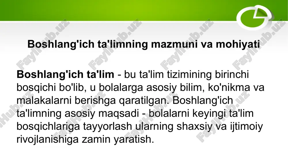 rning bilim olishga bo'lgan qiziqishini oshiradi. individual yondashuv: ta'lim har bir bolaning shaxsiy xususiyatlarini hisobga olishi ularning qobiliyatlarini rivojlantirishga yordam berishi kerak. boshlang'ich sinflarda ta'limning asosiy qonuniyatlari quyidagilar: ta'limning rivojlantiruvchi xarakteri: ta'lim bolalarning aqliy, jismoniy va shaxsiy rivojlanishiga ta'sir qiladi. ta'limning tarbiyaviy xarakteri: ta'lim bolalarda axloqiy, estetik va vatanparvarlik tuyg'ularini shakllantiradi. ta'limning ijtimoiy xarakteri: ta'lim bolalarni jamiyat hayotiga tayyorlaydi. ta'limning individual xarakteri: ta'lim har bir bolaning shaxsiy xususiyatlarini hisobga oladi. e’tiboringiz uchun rahmat image1.jpeg image3.png image2.jpeg /docprops/thumbnail.jpeg