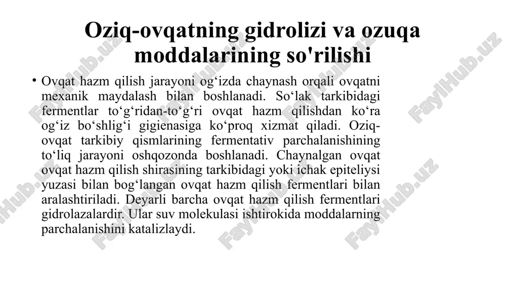 shini boshlaydi. balki ovqat hazm qilish jarayoniga qaraganda og‘iz bo‘shlig‘ida bakterial floraning ko‘payishini nazorat qilishda α-amilaza va mureinni bo‘luvchi ferment lizotsim muhimroq rol o‘ynashi mumkin. xlorid kislota hosil bo‘lishi parietal hujayralar tomonidan xlorid kislota (h+ va cl- ionlari) sekretsiyasi faol jarayon bo‘lib, atf sarflanishi bilan kontsentratsiya gradientiga qarshi sodir bo‘ladi. ph=1 konsentratsiyasida oshqozon bo‘shlig‘idagi proton kontsentratsiyasi parietal hujayralarga qaraganda 106 baravar yuqori (ph 7). protonlar karbonat angidrid (co2) va suvdan (h2o) hosil bo‘ladi. diffuziya tufayli co2 qondan parietal hujayralarga kiradi va karbonat angidraz (karbonat degidrataz, [1]) tomonidan katalizlangan reaktsiyada h2o bilan o‘zaro ta’sir qiladi, bu proton va gidrokarbonat (hco3 -) hosil bo‘lishiga olib keladi. protonlar h+/k+-atfaza membrana fermenti [2] yordamida k+ ionlari evaziga oshqozon bo‘shlig‘iga o‘tkaziladi (p-tipli transport atfaza). vodorod karbonat xlorid ionlari (cl-) evaziga elektroneytral transport jarayonida interstitsiyga o‘tadi va keyin qonga kiradi. cl- ionlari protonlardan keyin ion kanali orqali oshqozon bo‘shlig‘iga kiradi. xlorid kislotasi, mutsinlar va pepsinogen sekretsiyasini …