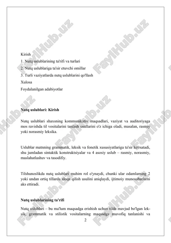eng ishlatilishi mumkin. bu uslubda so'zlashuvchilar o'rtasidagi yaqinlik darajasi yuqori bo'lib, norasmiy leksika 75% gacha qo'llanilishi va hissiy ifodalar ko'p uchraydi. norasmiy nutqda takrorlashlar, to'xtalishlar 2-3 soniyagacha davom etishi va noto'g'ri tuzilgan gaplar 60% gacha uchrashi mumkin, bu esa spontanlikni aks ettiradi. maslahat uslubi "maslahat uslubi" – bu kommunikatsiya shakli boʻlib, unda 2 yoki undan ortiq odamlar oʻzaro fikr almashib, muammolarni hal qilish yoki qaror qabul qilish uchun maslahatlashadilar. "maslahat uslubi" da 3 ta asosiy element mavjud: tinglash, tushunish va baham koʻrish. tinglash orqali biz boshqalarning fikrlarini qabul qilamiz va hurmat koʻrsatamiz. "maslahat uslubi" koʻpincha 1:1 uchrashuvlar, jamoaviy yigʻilishlar va mentorlik dasturlarida qoʻllaniladi. bu uslub ochiq muloqot va ishonchni rivojlantiradi. tasodifiy nutq uslubi tasodifiy nutq uslubi, norasmiy vaziyatlarda 10-15 nafar yaqin insonlar davrasida qo'llaniladi, bunda grammatik qoidalar biroz cheklanadi, ohang va imo-ishoralar muhim rol o'ynaydi. ushbu uslubda so'z boyligi kundalik hayotga moslashgan bo'lib, jargonlar, qisqartmalar va 2-3 ta oddiy gaplardan …