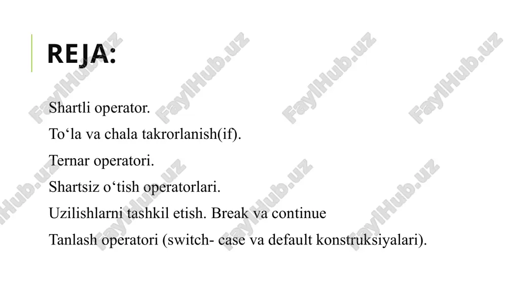 ernar operatori ternar operatori ( ? : ) shart amali agar tеkshirilayotgan shart nisbatan sоdda bo’lsa, shart amalini «?: » ko’rinishini ishlatish mumkin. bu operator quyidagi ko’rinishga ega: ? : ; ☺agar rоst (true) bo’lsa bajariladi, aks hоlda bajariladi. ☺оdatda ifоdalar qiymatlari birоrta o’zgaruvchiga o’zlashtiriladi. ternar operatori ikki sondan kattasini topuvchi dastur tuzilsin shartsiz o’tish operator odatda, dastur o‘z ishini yozilgan operatorlar ketma-ketligi bo‘yicha amalga oshiradi. operatorlarning tabiiy bajarilish ketma-ketligini buzish uchun, shartsiz o‘tish operatoridan foydalanish mumkin. dasturning biror operatoridan boshqarishni boshqa operatorga uzatish uchun, boshqarilish uzatiladigan operator oldiga tamg‘a (metka) qo‘yilishi kerak. shartsiz o’tish operator boshqarishni shartsiz uzatish operatori quyidagi formada yoziladi : goto ; bu yerda goto - … ga o‘tmoq. bu operator yordamida boshqarish ko‘rsatilgan metkali operatorga uzatiladi. bu metkalar lotin xarfi bilan boshlangan va o‘zgaruvchi sifatida e’lon qilinmagan bo‘lishi kerak. shartsiz o’tish operator break ва continue break operatori. ba’zi hollarda sikl bajarilishini ihtiyoriy joyda to‘xtatishga to‘g‘ri …