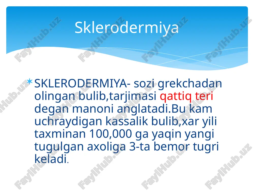 simon konsitensiyaga ega bulib rangi soglom teri rangidan to och-qizil yoki kukish tusgacha buladi.bu bosqichda teri paypaslanganda zich,sovuq,burmalarga olishning deyarli iloji yoq.ochoqni orab turuvchi kukish xalqa juda xarakterli buli(pereferik usish xalqasi)deyiladi.ochoqlar mumsimon sargish yoki kulrangda buladi chegaralangan sklerodermiya kechishda 3ta bosqich tafovut etiladi 3-atrofiya bosqichi--- teri yupqalashadi,oqish ranga kiradi pergament qogoz kurinishni eslatadi 1- diffuz teri shakli 2-cheklangan teri shakli 3-sklerodermiyasiz sklerodermiya 4-kesishgan shakli- tsd kilink alomatlarini va yana bitta birikturuvchi tuqimaning tizimli kasaligni belgilari qushilmasi birgalikda uchrashi. 5-visseral shakli- teri qattiqlashi reyno sindromi bulmasligi 6-yuvenil sklerodermiya-kasallikni to 16-yoshgacha boshlanishi 7-industirlangan sklerodermiya-tarqoqlangan kuproq terining diffuz shikastlanishi tsd ning kilinik shaklari bu katta polimorfizm va polisindromiya bilan ajralib turadi,bu kasallikning tizimli xususiyatni aks ettiradi va nisbatan yaxshi sifatli shakklardan tarqalgan,tezkor va fatalga qadar ozgaradi. tsdning kilink kurinishi yuzva qollarda- niqobsimon yuz,sklerodaktilya,trofik buzilishlar(oshqozon yarasi,xoppozlar,tirnoqlarning deformatsiyasi,alopesiya)depigmentatsiya joylari bilan almashadigan terining giperpigmentatsiyasi,qon-tomir naqsh va teleangiektaziya,asosan yuz va kukrakda ayrim bemorlarda –fokal teri zararlanishi. asosiy …
