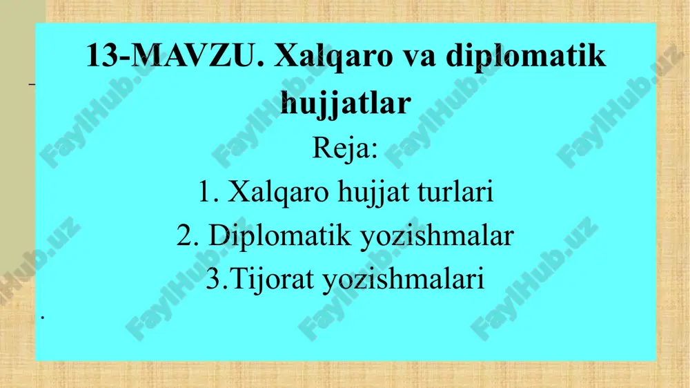 an bayonnomasi memorandum muhim shaxsiy protokollashtirilgan masalalar bo‘yicha yuboriladi, unda rasmiy yozishmalar va muzokaralarda ko‘rsatilgan masalalarni hal qilishga qaratilgan iltimoslar qayta eslatiladi shaxsiy xat biror muhim masala yuzasidan axborot beruvchi oliy darajadagi hujjat. nota – esdalik yozishmalari. qabul qilingan xalqaro shartnomalar, bitim va muzokaralar yuzasidan kengaytirilgan ma’lumot beruvchi hujjat qaydnoma. unda ishtirok etdilar, kun tartibi, eshitildi, so‘zga chiqdilar, qaror qilindi qismlari, majlis raisi, kotibi kabilar bo‘lmaydi. ilova xat kelishilayotgan shartnomalar muddatini belgilash yoki o‘zgartirish haqida xabar beriladi. bayonot biror mamlakatning davlat ahamiyatiga ega masalalar yuzasidan bo‘lgan murojaatnoma. biror mamlakatning davlat ahamiyatiga ega masalalar yuzasidan bo‘lgan murojaatnoma bayonot image8.jpg image9.jpeg image10.jpg image11.jpg image12.jpeg image13.jpg image14.jpeg image15.jpg image16.jpg image3.png /docprops/thumbnail.jpeg
