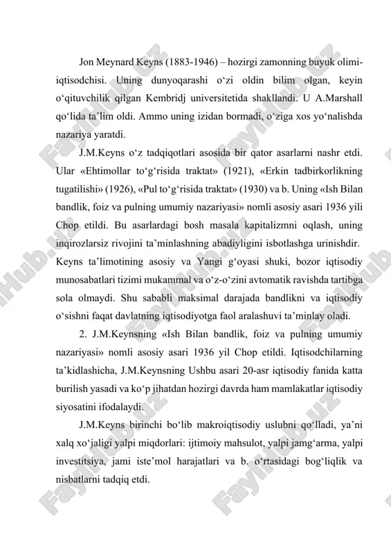 labning kamligi bahoning pasayishini va taklifning qisqarishini keltirib chiqaradi, bu esa ish joylarining kamayishiga olib keladi. keyns asarning boshidayoq klassik maktab ta’limotiga qarshi ekanligini bayon etdi. j.m.keyns fikriga ko‘ra, inqiroz paytida davlat yalpi talabni pul-kredit va byudjet siyosati vositasi yordamida tartiblab turishi kerak. u, eng avvalo, xususiy investitsiyalarni rag‘batlantirishga asosiy e’tiborni qaratdi. yalpi talabni rag‘batlantiruvchi vositalardan biri kambag‘allar, ya’ni jamg‘armaydiganlar uchun soliqlarni kamaytirish, boylar uchun esa soliq stavkasini oshirish (bu jamg‘armani kamaytiradi) taklif qilindi. j.m.keyns insonning psixologik moyilligini o‘rganib, uni daromad o‘zgarishi bilan bog‘laydi. iste’mol o‘zgarishi bilan daromad o‘zgarishi o‘rtasidagi nisbatni iste’molga bo‘lgan me’yorli moyillik, deb ataydi va uni qo‘yidagi formula bilan ifodalaydi: mrs = delta s / delta y agar daromad o‘zgarsa, iste’mol ham shu yo‘nalishda o‘zgaradi, lekin iste’mol o‘zgarishi daromad o‘zgarishi darajasidan past bo‘ladi. iste’mol va umumiy daromad o‘rtasidagi nisbatni u iste’molga bo‘lgan o‘rtacha moyillik deb atadi: ars = s / y shu bilan birga j.m.keyns o‘z nazariyasida …