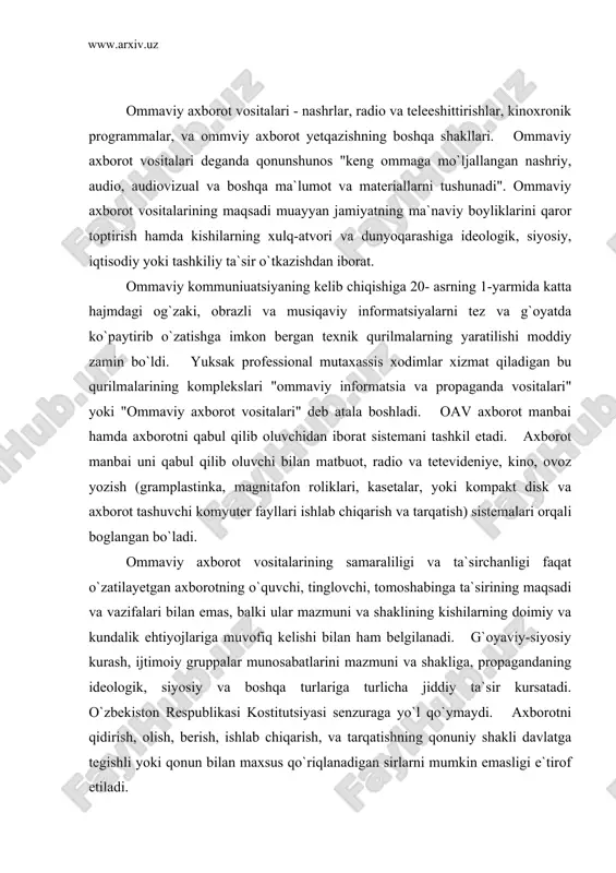 propagandaning ideologik, siyosiy va boshqa turlariga turlicha jiddiy ta`sir kursatadi. o`zbekiston respublikasi kostitutsiyasi senzuraga yo`l qo`ymaydi. axborotni qidirish, olish, berish, ishlab chiqarish, va tarqatishning qonuniy shakli davlatga tegishli yoki qonun bilan maxsus qo`riqlanadigan sirlarni mumkin emasligi e`tirof etiladi. shuningdek oavni jinoiy javobgarlikka tortiladigan maqsadlar yo`lida, masalan, hokimiyatni egallashga qaratilgan chaqiruvlar, konstitutsion tuzumni kuch ishlatish yo`li bilan o`zgartirish; milliy, sinfiy, ijtimoiy, diniy adovatni keltirib chiqaradigan materiallar: urushni propoganda qiluvchi pornografik, yovo`zik va bosqinchilikni targ`ib etuvchi programmalarni tarqatishi taqiqlangan. shuningdek maxsus oavlarga tegishli axborot tekstlarini tele-, video-, kinoprogrammalarda, xujjatli va badiy filmlarda, shuningdek kompyuter axborot fayllarida va axborotni qayta ishlash programmalarida foydalanish, insonlar ongiga ta`sir etuvchi va sogligiga zarar yetkazuvchi yashirin ma`lumotlar tarqatish, yashirin audio va videotasvir, kino va fotos`yomka yerdamida tayorlangan, mavjud jo`rnalist huquqi yordamida ijtimoiy muhim bo`lgan ma`lumotlarni bo`zish, ishonchli manba tariqasida mish-mish tarqatish, boshqa shaxe yoki organizatsiya uchun ma`lumot to`plash taqiqlanadi. jo`rnalistlik huquqini shuningdek shaxe yoki fuqarolarning ayrim toifalarini …