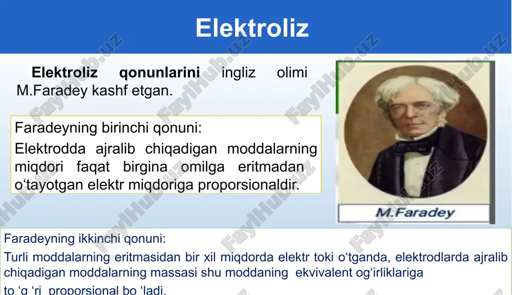 miqdor bilan almashtirsak, quyidagi formula hosil bo‘ladi. 8 1-masala 500 g 32% li cuso4 eritmasidan misni to‘liq ajratib olish uchun 5 a tok kuchini necha sekund davomida o‘tkazish kerak? 9 1-masalaning yechimi 2cuso4+2h2o=2cu+2h2so4+o2 x=160 500-----100% x-----32% demak 160 gr cuso4 bor ekan 10 tuzning ekvivalentini aniqlash 11 tok kuchini aniqlash 12 2-masala 500 g 23 % li k2co3 eritmasidan necha amper tok kuchini 4825 minut davomida o‘tkazilganda k2co3 ning massa ulushi 50% ga teng bo‘ladi? 13 2-masalaning yechimi k2co3 tarkibidagi metall ya’ni kaliy aktiv metall bo‘lib uning kislorodli kislota qoldig‘i bilan hosil qilgan tuzlari eritmasi elektroliz qilinganda faqat suv elektrolizga uchraydi, tuz esa o‘zgarishsiz qoladi. 14 kaliy karbonatning suvli eritmasi elektrolizi k2co3+2h2o=2h2+o2+ k2co3 500-----100% x-----23% x=115 demak 115 grk2co3 bor ekan 15 elektroliz jarayonida faqat suv elektrolizga uchragan, 115 g k2co3 ning massasi esa o‘zgarishsiz qoladi. natijada eritmada suvning massasi kamayib, k2co3 ning konsentratsiyasi oshadi. elektrolizdan so‘ng eritmada 50% tuz …