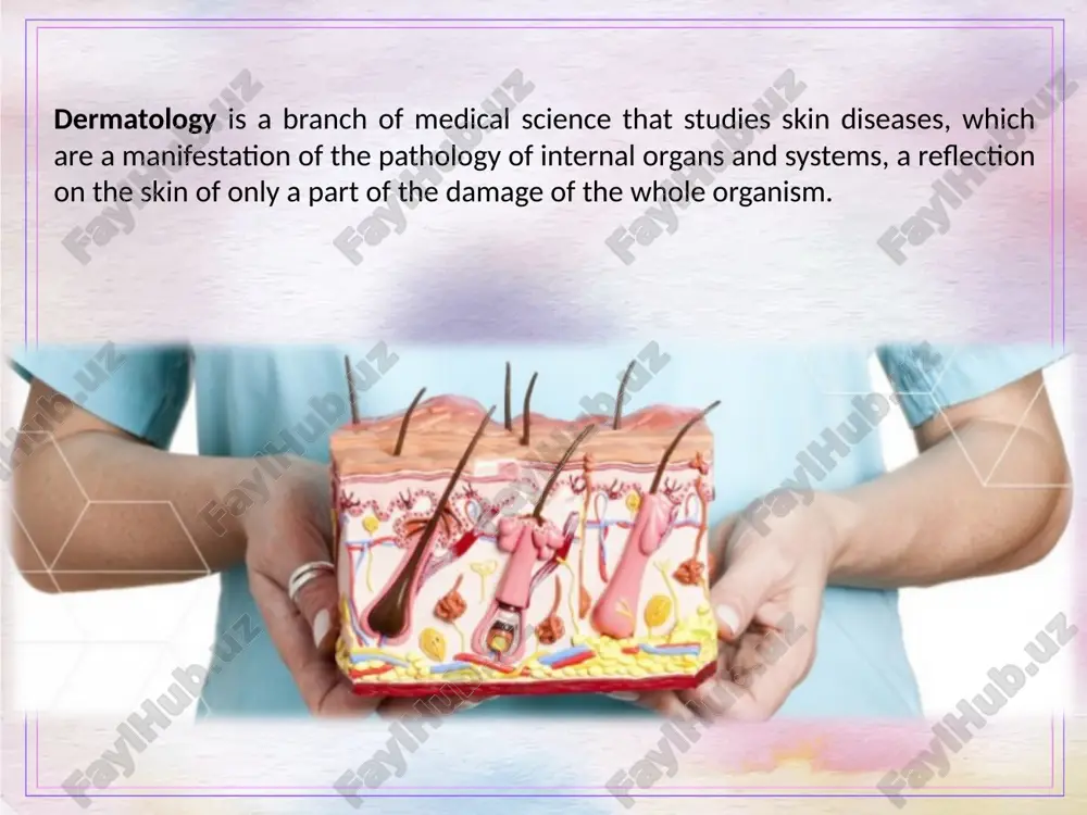 edominantly exposed areas of the skin and internal organs. leprosy leprosy (synonyms: leprosy, hansen's disease) is a chronic disease that usually affects the skin, mucous membranes of the upper respiratory tract and peripheral nervous system. currently, leprosy is most common in africa, asia and south america. in russia sporadic cases of the disease are noted. eczema chronic, persistently relapsing skin disease, manifested by a characteristic eczematous inflammatory skin reaction (in the form of grouped small vesicles), caused by various exogenous and endogenous factors that lead to development in patients with polyvalent skin sensitivity. psoriasis psoriasis, or squamous lice, is one of the most common chronic dermatoses, characterized by hyperproliferation of epidermal cells, a violation of keratinization, inflammation in the dermis. image2.png image3.jpeg image4.jpeg image5.jpeg image6.jpeg image7.jpeg image8.jpeg image9.jpeg image10.jpeg image11.jpeg image12.jpeg image13.jpeg image14.jpeg image15.jpeg image16.jpeg image17.jpeg image18.jpeg image19.jpeg image20.jpeg image21.jpeg image22.jpeg image1.png /docprops/thumbnail.jpeg