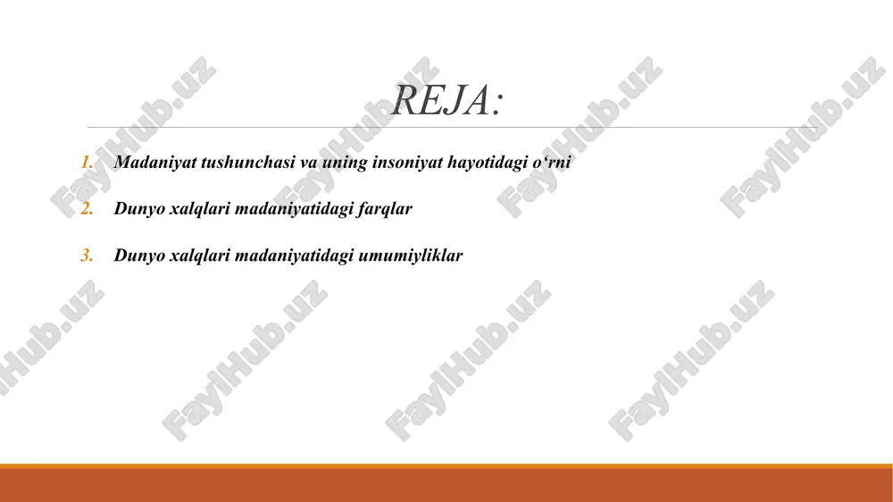 t markazi sifatida rivojlangan. urf-odat va marosimlar – masalan, sharq xalqlarida to‘y marosimlari ko‘proq jamoaviylik va udumlarni saqlashga asoslangan bo‘lsa, g‘arbda ular ixcham va erkinroq o‘tadi. milliy taomlar va kiyim-kechaklar – xalqlar iqlim, tarix va madaniy qadriyatlariga ko‘ra turli xil ovqatlanish va kiyinish madaniyatiga ega. madaniyat insoniyatning moddiy va ma’naviy yutuqlar majmui hisoblanadi. har bir xalq o‘zining tilida, san’atida, urf-odatida, axloqiy qadriyatlarida va diniy e’tiqodida madaniy xususiyatlarini namoyon qiladi. madaniyat jamiyatni birlashtiruvchi, insonni tarbiyalovchi, millatni boshqa millatlardan ajratib turuvchi va shu bilan birga umumiylashtiruvchi kuchga ega. umumiyliklar jamiyat va oila qadriyatlari har qanday xalqda oila muqaddas sanaladi. ota-onaga hurmat, bolalarga mehr, qo‘shnichilik va jamoaviylik qadriyatlari umumiydir. axloqiy qadriyatlar halollik, adolat, insonparvarlik, ezgulik, mehnatsevarlik barcha xalqlar uchun qadrlanadigan tushunchalardir. san’at va ijod har bir xalqda qo‘shiq, raqs, adabiyot, amaliy san’at, me’morchilik mavjud. ularning mazmuni turlicha bo‘lsa-da, barchasi inson ruhiyatini boyitadi. bayramlar va marosimlar deyarli barcha xalqlarda tug‘ilish, nikoh, o‘lim marosimlari mavjud. …