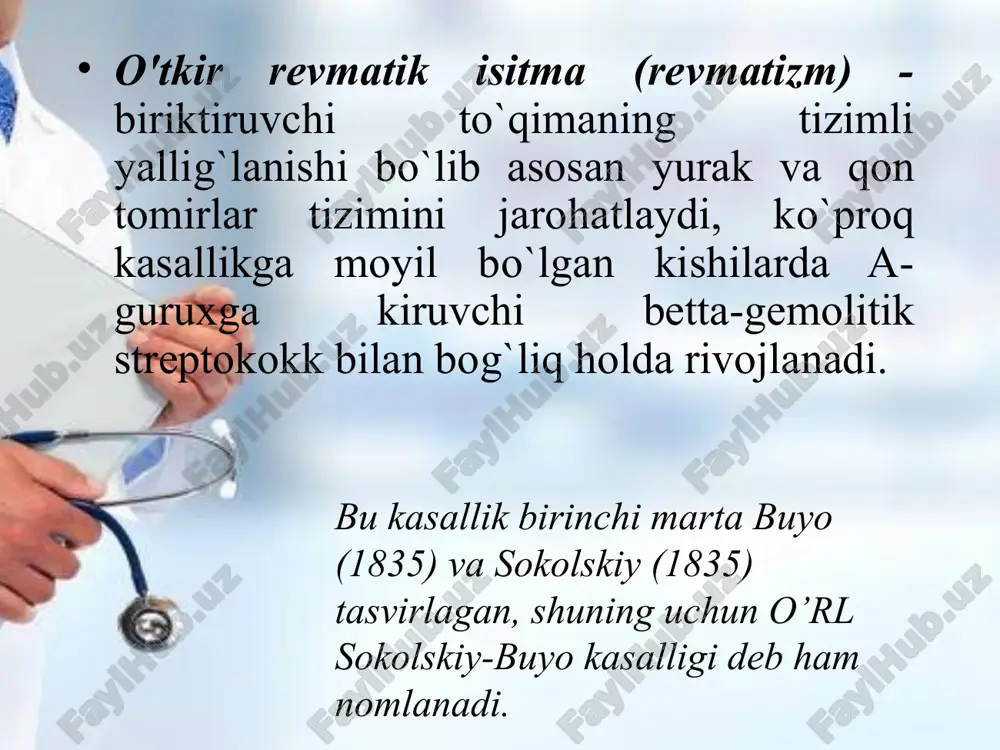 ar (gialuronidaza, streptokinaza, streptolizin) antigenlik xususiyatlarga ega fagotsitoz kardial aglarga javoban at hosil bo’lishi at + ag (tropomiozin, miozin) immun komplekslar qon tomir devorlari endokard miokard perikard patomorfologiya har bir bosqich 1-2 oy davom etadi. rivojlanish bosqichlari ashof-talalayev granulomalari bosqichlar alterativ-ekssudativ bosqich (o'tkir yallig'lanish) mukoid shish fibrinoid o'zgarishlar proliferativ bosqich granulomatoz bosqich образец текста второй уровень третий уровень четвертый уровень пятый уровень revmatik isitma tasnifi va nomenklaturasi (арр, 2003) klinik variantlar klinik ko’rinishlari natija qaye bosqichi syuye nyha asosoiy qo’shimcha o’tkir revmatik isitma qaytalama revmatik isitma kardit artrit xoreya halqasimon erityema revmatik tugunlar isitma artralgiya abdominal sindrom serozitlar sog’аyish; yurakning surunkali revmatik kаsаlligi yurak illati bilan yurak illatisiz 0 i iiа iib iii 0 i ii iii iv образец текста второй уровень третий уровень четвертый уровень пятый уровень klinik ko'rinishlar o’rl rivojlanishining ikkita shakli: 1. tonzilit, isitma ko'rinishidagi faringit bilan og’rigandan 2-3 hafta otib o’tkir boshlanish, intoksikatsiya belgilari, bog’im sindromi, …
