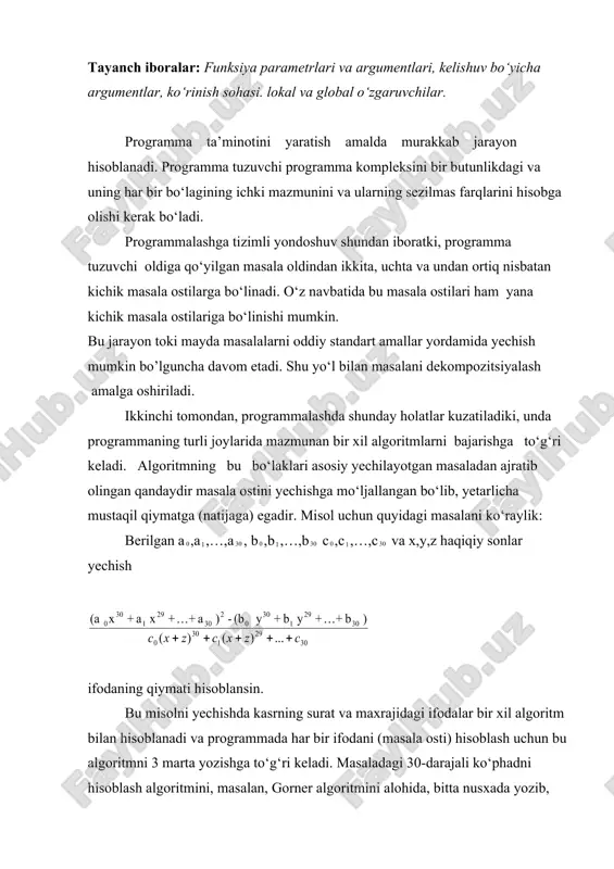 atini, ikkinchi safar b vektor va y qiymatini hamda c vektor va (x+z) qiymatlari bilan murojaat qilish asosiy masalani yechish mumkin bo‘ladi. funksiyalar qo‘llanishining yana bir sababini quyidagi masalada ko‘rishimiz mumkin – berilgan chiziqli tenglamalar sistemasini gauss, kramer, zeydel usullarining birortasi bilan yechish talab qilinsin. u holda asosiy programmani quyidagi bo‘laklarga bo‘lish maqsadga muvofiq bo‘lar edi: tenglama koiffitsentlarini kiritish bo‘lagi, yechish usulini tanlash bo‘lagi, gauss, kramer, zeydel usullarini amalga oshirish uchun alohida bo’laklar, natijani chop qilish bo‘lagi. har bir bo‘lak uchun o‘z funksiyadir majmuasi yaratib, zarur bo‘lganda ularga bosh funksiya tanasidan murojaatni amalga oshirish orqali bosh masala yechish samarali hisoblanadi. bunday hollarda programmani ixcham va samarali qilish uchun c++ tilida programma bo‘lagini alohida ajratib olib, uni funksiya ko‘rinishida aniqlash imkoni mavjud. funksiya bu – c++ tilida masala yechishdagi kalit elementlaridan biridir. funksiya parametrlari va argumentlari:[1(177-187), 3(51-56), 4(67-72)] programmada ishlatiladigan har qanday funksiya e’lon qilinishi kerak. odatda funksiyalar e’loni sarlavha fayllarda …