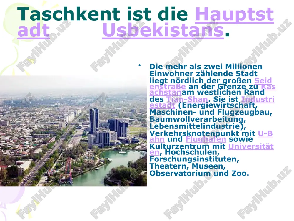 findet sich im süden der stadt. amir-temur-platz im zentrum der stadt die metro taschkent entstand ab 1977 und umfasst heute 3 linien mit 39 km streckenlänge. taschkent war die erste stadt in zentralasien mit einer u-bahn. neben ihr ist die straßenbahn mit über 130 km streckenlänge das wichtigste verkehrsmittel der usbekischen hauptstadt. seit 1947 existiert auch ein oberleitungsbus-netz, das allerdings schrittweise zurückgebaut wird und durch ein normales busnetz ersetzt wird. die neuen busse sind meist vom typ mercedes-benz conecto, sie wurden von der deutschen bank mit unterstützung der damaligen daimlerchrysler ag finanziert. sie ersetzen schrittweise mercedes-benz-busse vom typ o 405, die bereits 1993 angeschafft wurden. „amir-temur-museum“ – erstellen der gegenstand muss die wikipedia-relevanzkriterien erfüllen. bei unklarheiten vor verfassen des artikels erteilt der wikipedia:relevanzcheck eine unverbindliche einschätzung durch erfahrene benutzer. die enzyklopädische relevanz ist im artikel darzustellen. so werden unnötige löschdiskussionen vermieden. der artikel muss das mindestniveau erfüllen und soll durch …