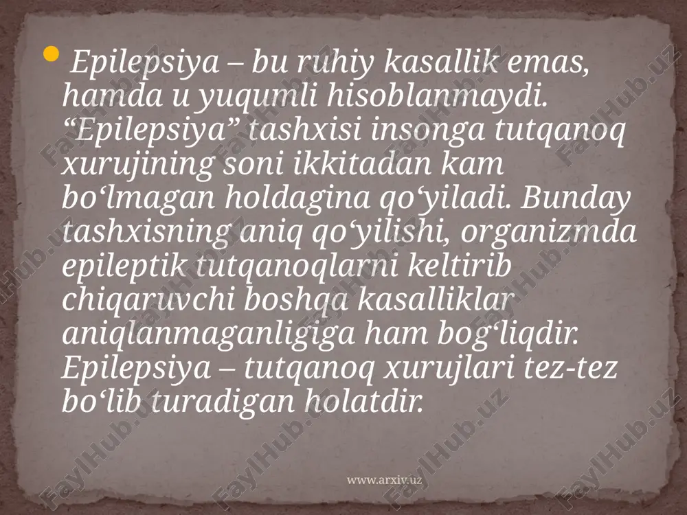 uchlanish, boshqalari hech qachon his kilmagan huzur - halovat. aura murakkab ko'z, eshitish va boshqa gallyutsianator kechinmalar, gavdaniug tuzilishidagi asabiylashish. aura sifatida murakkab ruhiy zo'riqish holatida, ya’ni awaldan ko'riugandau hayajonlanish yoki “hech qachon ko'rininaganning takrorlanishidan tashvishla-nib takrorlanish mumkin. www.arxiv.uz auradan keyin tutqanoqnnig tonik fazasi keladi. u to'liq hushidan ketish, boshlang’ich qichqiriq, ya’ni tutqanoq tutishdan oldin havo nafas yo’lini qisqatiradi. kasal odatda, oldiiigi tomonga yiqiladi ko’pincha jarohatlanadi, biron a’zosi sinadi yoki chiqadi. bosh orqaga qayriladi , ko’z katta ochilgan, nazari harakatsiz. gavdasi kuchlanishli, qo’ 1 bannoqlari mushti tugilgan bo'ladi. dastlabki oqarish tsianoz bilan alinashadi. tonik faza 10-30 sekund davom etganidan keyin 1-2 minut klonik faza keladi. u gavda qismi va a’zolarining ketma-ket bukilib yoki yozilib turishi, nafas yotida xirillash va boshqa kotmishlarda bo'ladi. www.arxiv.uz absans birdaniga va qisqa 2-5 soniya vaqtida hushdan ketish bilan kechadi. hushdan ketish, ma`nosiz boqish, faoliyatining buzilishi va vegetativ alomatlar bilan o`tadi. xuruj paytida bemor yeqilmaydi va …