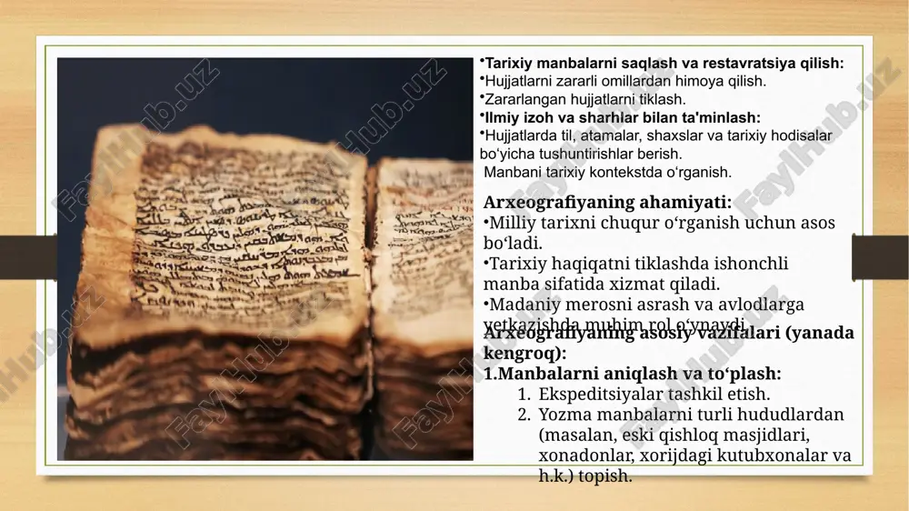 nish), diplomatika (hujjatshunoslik) metodlaridan foydalanish. hujjatlarni ilmiy nashrga tayyorlash: matnni o‘qib, hozirgi alifboga ko‘chirish (transliteratsiya). matnga ilmiy izohlar berish. annotatsiyalar yozish. faksimile (hujjat nusxasi), transkripsiya (lotin alifbosida ko‘chirmasi), tarjima shaklida chop qilish. saqlash va restavratsiya qilish: qadimiy hujjatlarni biologik, kimyoviy zararlardan asrash. hujjatni maxsus laboratoriyalarda restavratsiya qilish. raqamlashtirish orqali kelajak avlodga yetkazish. tarixiy haqiqatni tiklash: rasmiy tarixga kiritilmagan voqealarni hujjatlar asosida ochib berish. og‘zaki tarixiy rivoyatlar bilan hujjatlarni solishtirish. metodlari: paleografik tahlil – qadimgi yozuv turlarini o‘rganish. kodikologik tahlil – qo‘lyozmalarni tashqi tuzilmasini o‘rganish (qog‘oz, muqova, siyoh, shrift). tarixiy-lingvistik tahlil – matndagi arxaik so‘zlar, iboralar va terminologiyani o‘rganish. diplomatik metod – hujjatning rasmiy shakllari, yozilish qoidalarini o‘rganish. o‘zbekistonda arxeografiyaning rivoji o‘zbekistonda arxeografiya 20-asr boshlaridan boshlab shakllangan. bugungi kunda quyidagi muassasalar arxeografiya bilan shug‘ullanadi: o‘zbekiston respublikasi fanlar akademiyasi tarix instituti – arxeografik ekspeditsiyalar va nashrlar tashkil etadi. sharqshunoslik instituti – qadimiy qo‘lyozmalarni ilmiy tahlil qiladi. o‘zbekiston milliy arxivi – tarixiy hujjatlarni …