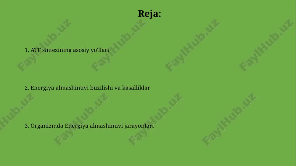 jayralardagi glyukoza metabolizmini, anaerob va aerob sharoitlarda, atp hosil bo'lishining 2-3 barobar tezlashishi orqali boshqaradi. oksidlovchi fosforillanish jarayonida elektronlarning oqimi va proton gradienti, taxminan 32 atf molekulasining hosil bo'lishiga olib keladi, bu esa energiya almashinuvi samaradorligini belgilaydi. glikoliz: glyukoza parchalash jarayoni anaerob sharoitda glikoliz yakuniy mahsulot sifatida sut kislotasini hosil qiladi, aerob sharoitda esa piruvat krebs sikliga kiradi. glikolizning tezligi glyukoza kontsentratsiyasi, fermentlar faolligi va allosterik regulyatorlar ta'siri bilan boshqariladi. lipidlardan energiya olish lipidlardan energiya olish jarayoni beta-oksidlanish deb ataladi va har bir lipid molekulasidan 9 kkal energiya hosil bo'ladi, bu esa uglevodlarga nisbatan ancha yuqori. yog' kislotalari mitoxondriyada oksidlanib, atsetil-koa hosil qiladi, bu krebs sikliga kiradi va atp shaklida 36-38 molekula adenozin trifosfat hosil qiladi. katabolizm va anabolizm jarayonlari anabolizm esa, atp energiyasidan foydalanib, sodda molekulalardan murakkab organik molekulalar, oqsillar, nuklein kislotalar va boshqalarni sintez qilish jarayonidir, bu jarayon uchun 100 dan ortiq fermentlar ishtirok etadi. katabolizm jarayonida murakkab …