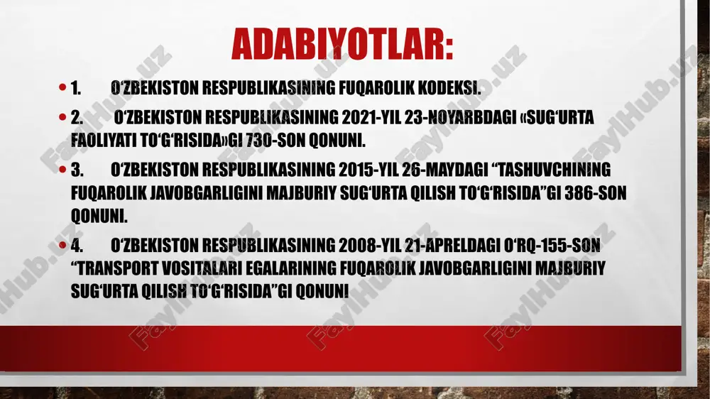 malari toʻlash uchun maqsadli pul jamgʻarmalarini tashkil etish va undan foydalanish bilan bogʻliq iqtisodiy munosabatlar tizimi. sugʻurta №2 sugʻurta - deganda yuridik yoki jismoniy shaxslar to‘laydigan sug‘urta mukofotlaridan shakllantiriladigan pul fondlari hisobidan muayyan sug‘urta hodisasi yuz berganda ushbu shaxslarga sug‘urta shartnomasiga muvofiq sug‘urta tovonini (sug‘urta pulini) to‘lash yo‘li bilan ularning manfaatlarini himoya qilish tushuniladi. sugʻurta turlari: ixtiyoriy majburiy sug‘urta shartnomasining shakli sug‘urta shartnomasi yozma shaklda tuzilishi lozim. bu talabga rioya etmaslik shartnomaning haqiqiy sanalmasligiga sabab bo‘ladi. sug‘urta shartnomasining shakli sug‘urta shartnomasi bitta hujjatni tuzish yoxud sug‘urtalovchi tomonidan sug‘urta qildiruvchiga uning yozma yoki og‘zaki arizasiga binoan sug‘urtalovchi imzolagan, sug‘urta shartnomasining shartlarini o‘z ichiga olgan sug‘urta polisi (shahodatnomasi, sertifikati, kvitansiyasi)ni topshirish yo‘li bilan tuzilishi mumkin. sugʻurta shartnomasining haqiqiy emasligi 1. shartnoma tuzilayotgan vaqtda sugʻurta obyekti mavjud boʻlmasa 2. jinoiy yoʻl bilan qoʻlga kiritilgan jinoyat narsasi hisoblanuvchi yoki musodara qilinishi lozim boʻlgan mol-mulk 3. shartnoma boʻyicha gʻayrihuquqiy manfaat sugʻurtalangan boʻlsa 4, sug‘urta shartnomasida …