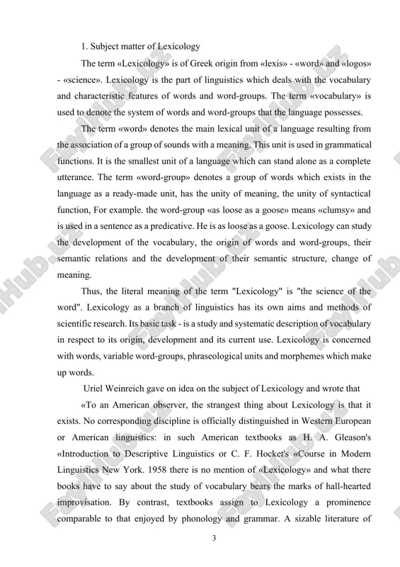 uistics: in such american textbooks as h. a. gleason's «introduction to descriptive linguistics or c. f. hocket's «course in modern linguistics new york. 1958 there is no mention of «lexicology» and what there books have to say about the study of vocabulary bears the marks of hall-hearted improvisation. by contrast, textbooks assign to lexicology a prominence comparable to that enjoyed by phonology and grammar. a sizable literature of articles, dissertations, book- length monographes, specialized collections and a lively stream of conferences on various lexicological subjects, reflect the relative importance of lexicology 2. types of lexicology and its links with other branches of linguistics there are 5 types of lexicology: 1) general; 2) special; 3) descriptive; 4) historical; 5) comparative. general lexicology is a part of general linguistics which studies the general properties of words, the specific features of words of any particular language. it studies the pecularities of words common …