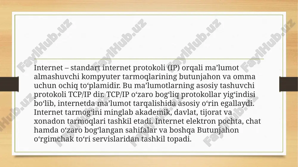 oyihalar agentligi (akra) tadqiqotlari doirasida olib borildi. bu tadqiqotlar sovuq urush avj olgan davrga toʻgʻri keldi. aqsh mudofaa departamenti urush boʻlib qolgan taqdirda oddiy kommunikatsiya vositalari ishdan chiqqudek boʻlsa, oʻrniga yangi qoʻshimcha kommunikatsiya vositalarini izlash bilan faol shugʻullandi. xx asrning 60-yillar oxiri va 70-yillarda internet tarmogʻi uncha keng rivojlanmadi. dastlabki oʻn yillik xalqaro tarmoq, asosan, harbiylar va yirik olimlarning shaxsiy elektron liniyalari faoliyati doirasi bilan cheklandi. internetning beqiyos rivojlanish surʼati davlat, taʼlim, akademik va ijtimoiy tuzilmalarning oʻziga xos umumiy moliyaviy va intellektual ulushiga bogʻliq boʻldi. internet rivojlanishining dastlabki bosqichida uni, asosan, aqsh mudofaa departamenti mablagʻ bilan taʼminlagan. xx asrning 70-yillari oxiriga kelib esa, asosan, uch taʼminlash manbai ajralib turdi: hukumat, universitetlar va tadqiqot laboratoriyalari (shu jumladan mustaqillari ham). xx asrning 80-yillarida internet oʻziga xos tarzda universal koʻlamlargacha rivojlana boshladi. oʻsha davrda internet vositasida uzatiladigan informatsiyaning oʻsishi”oyiga 20 foizdan koʻpaytirib borish” shiori ostida bordi. macalan, aqsh ning asosiy tarmogʻi bir sekundda …