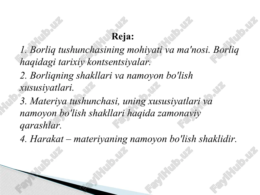 fikricha, borliq shunday umumiylikki, u hamma narsaning asosida yotadi, demak, borliq hamma narsaning asosidir. borliq o'ziga ob'ektiv va sub'ektiv reallikni, mavjud bo'lgan va mavjud bo'ladigan olamlarni, moddiylik va ma'naviylikni, o'tmish va kelajakni, o'limni va hayotni, ruh va jismni qamrab oluvchi umumiy tushunchadir. materialistik mazmundagi borliq tushunchasi bu: faqat ob'ektiv real olam, ongdan tashqaridagi, unga bog’liq bo'lmagan jismoniy mohiyatga ega bo'lgan narsalargina kiritiladi. borliqning ideal, virtual, potensial, abstrakt, ma'naviy shakllari bu ta'rifdan tashqarida qoladi. 9 9 mavjudlik — borliqning hozirgi paytda namoyon bo'lib turgan qismi bo'lib, o'tgan va mavjud bo'ladigan narsa va hodisalar ham borliq tushunchasiga kiradi. reallik esa, mavjudlikning hammaga ayon bo'lgan, ular tomonidan tan olingan qismi. borliq mavjudlik va reallik tushunchalariga qaraganda ham kengroq tushunchadir. an'anaviy falsafiy qarashlarda borliqning uchta sohasi ajratib ko'rsatiladi. tabiat borlig’i jamiyat borlig’i ong borlig’i borliqning shakllari va namoyon bo'lish xususiyatlari tabiat borliqi odatda tabiatdagi narsalar (jismlar), jarayonlar, holatlar borliqi sifatida tushuniladi. u ikkiga bo'linadi: …
