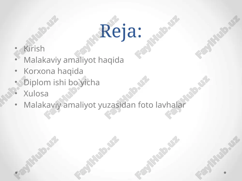 viy amalyot haqida: elеktr enеrgiyasini bunday afzalliklari uni kеng soxada qo‘llanishiga olib kеldi. elеktr enеrgiyasidan iqtisodiyotning barcha sohalarida (sanoat, transport, qishloq xo‘jaligi va kundalik turmushda) foydalanilmoqda. shuning uchun ham unga bo‘lgan talab to‘xtovsiz ortib bormoqda. men malakaviy amalyot davrimni andijon shaxrida joylashgan “mashinastroitel andijan” xususiy korxonasida o’tadim. korxona 2008 yil 4 – mart sanasida andijon shaxrida tashkil topgan. korxonani rashkil topishiga sabab prezidentning avtomobil ehtiyot qismlarini mahalliylashtirish chora tadbirlari to’g’risidagi qarori chiqqan. bunga ko`ra ko`plab imkoniyatlar berilgan shunga asosan korxona tashkil topgan. . bu korxonada avtomobillarga ehtiyot qismlar ishlab chiqariladi.bundan tashqari korxona tog’ kon metallurgiya kambinatlariga ham butlovchi qismlar yetkazib beradi.hozirda korxona 28 turdagi ehtiyot qismlari ishlab chiqaradi. korxonada 38 ta ischi hodimlar faolyat yuritar ekan. bu korxonaning shartnomalari : uztonghong , uzsemyun , uzautoautstem , uzdongwong kabi qo’shmakorxonalari bilan shartnomalari bor ekan. korxonadagi elektr qurilmalar: presslar : 100 t – 6 ta 63 t – 3 ta 160 t …