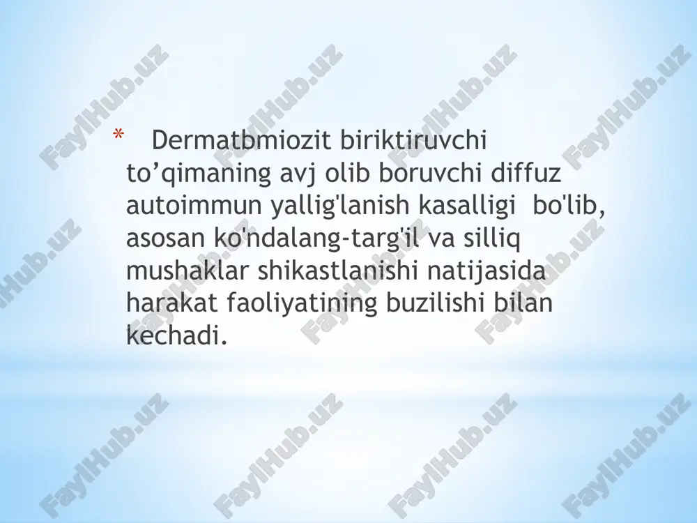 shini belgilaydi. bunda aksariyat bo‘yin, yelka, tos kamari, oyoq va qo‘l mushaklarini zo‘rayib boruvchi holsizligi, mialgiya, «xamirsimon» shish, keyinroq esa proksimal mushaklar atrofiyasi va kontrakturalar kuzatiladi. ayrim hollarda bo‘yin va tananing orqa qismida mushaklaming zararlanishi tufayli bemorlarda boshni ushlab tura olmaslik va o‘tira olmaslik kabi holatlar yuzaga keladi. qo‘l mushaklarining zararlanishi o‘zo‘ziga xizmat qilish va oyoqdagi harakatlami cheklab qo‘yadi. yuz mushaklaridagi o‘zgarishlar uni «maskasimon» tus olishiga sabab bo‘ladi. qo‘l va oyoqlarda mushaklar zararlanishi bilan bir qatorda, reflekslar sustligi yoki yo‘qolishi, giperalgeziya hamda paresteziyalar kuzatilishi mumkin. klinikasi [davomi] ushbu kasallikda teridagi o‘zgarishlar turli xil namoyon bo‘lib, asosan tananing ochiq qismida, bo‘g‘imlar ustida oftobdan kuyish ko‘rinishidagi yoki pushti-siyoh rangidagi eritema va kaftdagi, barmoq yostiqchalaridagi kapillyaritlar hamda yuz, kaft, kam hollarda oyoq, boldir sohasida, qattiq shishlar ko‘rinishida bo‘ladi. ushbu kasallikka patognomonik hisoblanuvchi «ko'zoynak» alomati, ya’ni ko‘z atrofidagi shish va eritema aynan dermatomiozitga xosdir. aksariyat hollarda terida bullyozli, papulali toshmalar va purpura, teleangiektaziya, giperkeratoz …