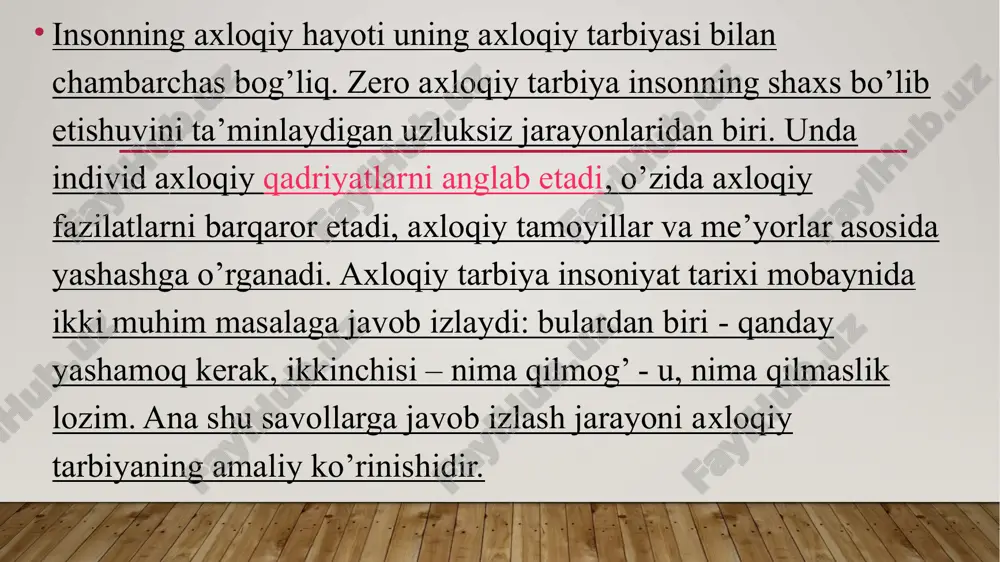nonchi, maktabgacha bo’lgan aхloqiy tarbiyada ertak va rivoyatlar vositasidagi an’anaviy tarbiya bilan o’yinchoqlar va o’yinlar vositasidagi zamonaviy tarbiya muvaffaqiyatli qo’llaniladi; bunda bolaning qizg’anchiqlik, g’irromlik qilmaslikka, halol bo’lishga o’yinlar yordamida da’vat etiladi. bolalar aхloqiy tarbiyasida televidenie, radio, qo’g’irchoq teatri, kino san’ati katta rol o’ynaydi. umuman, aхloqiy tarbiyaning eng kuchli vositasi san’at. bu vosita aholining barcha tabaqasini, turli yoshdagi shaxslarni qamrab oladi. ayniqsa, san’atning badiiy adabiyot turi keng qamrovli. ayniqsa, san’atning badiiy adabiyot turi keng qamrovli. ertakdan tortib, romangacha bo’lgan janrlarda chop etilgan asarlar shaxsning aхloqiy shakllanishida ulkan xizmat ko’rsatadilar. ular orqali kitobhon tarbiyalanuvchi sifatida ezgulik va yovuzlik nimaligini badiiy idrok etadi; ideal tanlashda ham ularning ahamiyati katta. bundan tashqari, badiiy adabiyotning bevosita aхloqiy tarbiyaga mo’ljallangan hikoyatlar, rivoyatlar va nasihatlar majmualari borki, biz ularni, yuqorida ko’rganimizdek, pandnomalar deb ataymiz: «kalila va dimna», «qobusnoma», «guliston», «zarbulmasal» singari bunday mumtoz asarlar an’anaviy aхloqiy tarbiya vositasi sifatida necha asrlardan buyon qanchadan - qancha avlodlarga xizmat …