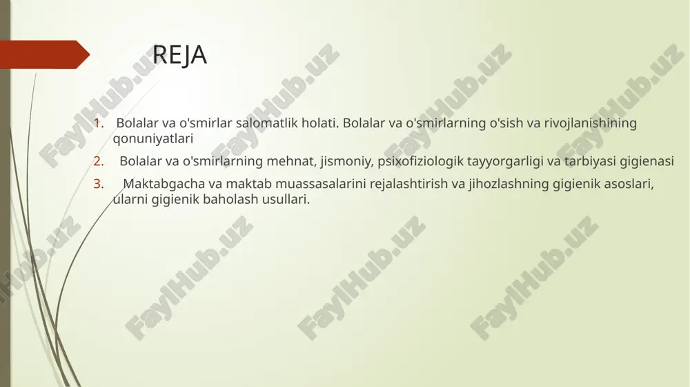 ko*rsatish darajasi; jismoniy va ruhiy rivojlanish, uning mutanosibligi darajasi. salomatlik guruhlari birinchi guruhga surunkali kasalliklari bo*lmagan yoki kamdan-kam kasallangan, normal jismoniy va ruhiy rivojlanishiga ega bo'lgan, ularning yoshiga mos keladigan bolalar va o'smirlar kiradi. ushbu bolalarning o'quv, mehnat va sport ishlari cheklovlarsiz tashkil etiladi. shifokor faqat muntazam profilaktik ko'rikdan o'tkazadi va umumiy sog'liqni saqlash choralarini ko'radi. ikkinchi guruhga surunkali kasalliklari bo*lmagan tez-tez kasallanadigan, normal jismoniy va ruhiy rivojlanishiga ega bo'lgan, ularning yoshiga mos keladigan bolalar va o'smirlar kiradi. ushbu bolalarning o'quv, mehnat va sport ishlari cheklovlarsiz tashkil etiladi. shifokor faqat muntazam profilaktik ko'rikdan o'tkazadi va umumiy sog'liqni saqlash choralarini ko'radi. uchinchi guruhga surunkali kasalliklarga chalingan yoki umumiy ahvoli va rivojlanishi ozgina buzilgan surunkali kasalliklarning kuchayishi bilan kompensatsiyalangan tug'ma patologiyasi bo'lgan bolalar kiradi. bu kasal bolalar va o'spirinlar kompensatsiya holatida. ular turli profillardagi shifokorlar nazorati ostida va tegishli tibbiy va profilaktika yordamidan foydalanadilar. ular uchun o'quv jarayonining o'ziga xos xususiyati kunning …