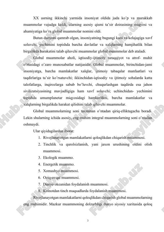 hozirgi vaqtda jahonda mavjud barcha mamlakatlarning 30 foizga yaqini qoloq hisoblanadi. shularning ¾ qismi afrikada, 1 tasi yevropada, 4 tasi janubiy amerikada va 11 tasi osiyoda joylashgan. iqtisodiy qoloqlik mazkur mamlakatlarda siyosiy beqarorlik hamda ijtimoiy tengsizlik, irqiy va diniy ziddiyatlarni keltirib chiqarmoqda. markaziy va sharqiy afrikada, ruanda va burundi davlatlarida 1994-yillarda yuz bergan etnik mojarolar bir millionjdan ortiq kishilarning hayotiga zomin bo’ldi. urush va tinchlik muammosi xx asr ikkinchi yarmining deyarli 40 yili mobaynida haqli ravishda insoniyatning eng muhim muammosi bo’lib kelgan. 80-yillarning ikkinchi yarmi va 90-yillarda dunyo siyosiy xaritasida bo’lib o’tgan chuqur va miqyosli o’zgarishlar g’arb bilan sharq o’rtasida vujudga kelishi mumkin bo’lgan global yadro urushi xavfni amalda yo’q bo’lishiga sabab bo’ldi. bunday holat ushbu xavfni tarqatuvchi mamlakatlar rossiya va aqsh hamda nato davlatlarida harbiy-siyosiy sohada aniq amaliy tadbirlarni hayotga tadbiq etish bilan bog’langandir. hozirgi vaqtda global ekologik tizimning degradatsiyalanishi to’g’risida so’z yuritmoqda. ushbu jarayonni shartli ravishda uch tarkibiy …