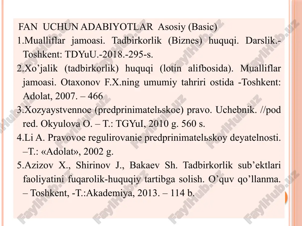 sifatida yaqindagina paydo bo’ldi. bu fan aqshda 1970 yillarda ilk bor fan sifatida o’qitish boshlangan bo’lsa, o’zbekistonda tadbirkorlik asoslari mustaqillikdan keyingi dastlabki yillardanoq iqtisodiyot yo’nalishida mutaxasislar tayyorlovchi oliy o’quv yurtlarida fan sifatida o’qitila boshlandi. tadbirkorlik fanining predmeti sifatida muayan ishbilarmonlik muxitida iqtisodiy munosabatlarning faol sub’ekti bo’lmish insonning o’z –o’zini tashkil etish usullari va tamoillari yotadi. ishbilarmon kishining o’z-o’zini tashkil etish – bu muayan tovar, maxsulot, xizmatlar ishlab chiqaruvchisi tamonidan mukammal, yaxlit ish qilish jarayonida ifoda etuvchi ketma –ket, o’zaro mantiqan bog’langan xatti – xarakatlar majmuini amalga oshirishni nazarda tutadi. tadbirkorlik – bu yangilikka intilish, qandaydir bir yangi ishni boshqarishga qaror qilish, biror axamiyatli narsani yaratishga intilishdir. mashxur iqtisodchi y.shumpeterning fikricha, “tadbirkor bo’lish – bu boshqalar qilayotgan ishni qilmaslik va qilganda ham anashu ishni boshqalarnikidek qilmaslikdir”. bugungi kunda dunyoda tadbirkorlikning umumqabul qilingan tarifi mavjud emas. aqshlik olim, prof.robert xizrich tadbirkorlikka shunday deb tarif beradi: “tadbirkorlik –bu qiymatga ega bo’lgan qandaydir yangi …