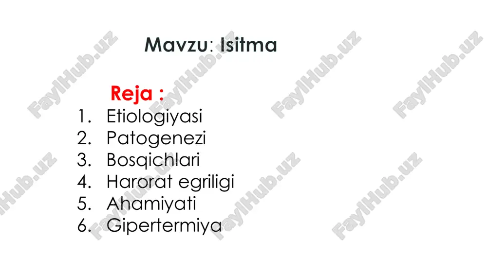 rivojlanadi • tolerantlik rivojlanmaydi • gipotalamusdagi termoregulyatsiya markaziga bevosita kiritilganda isitma chaqirmaydi • isitma chaqiradi • m: bakteriya toksinlari, zamburug` mahsulotlari • m: il-1, il-6, tnf xulosa ● birlamchi pirogen –> leykotsit –> ikkilamchi pirogen –> termoregulyatsiya markazi m: bakteriya –> neytrofil va makrofag –> il-1 –> termoregulatsiya markazi –> isitma ►ma`lumot: agar neytrofil va makrofag fagotsitar faolligi buzilgan bo`lsa (leykopeniya), birlamchi pirogen isitma chaqirmaydi termoregulyatsiya markazi: gipotalamusdagi ✓ oldingi guruh yadrosi n.opticus ✓ oraliq guruh yadrolari n.ventromedialis, n.dorsomedialis ● bu yadrolarda funksional jihatdan 4 guruh neyron bor: 1. ‘termostat’ neyronlari 2. ‘o`rnatuvchi nuqta’ 3. issiqlik hosil qiluvchi markaz 4. issiqlik ajratuvchi markaz patogenezi 1. ‘termostat’ neyronlari − termosezgir neyronlar bunda • gipotalamusdan o`tayotgan qon haroratini sezadi • teri va ichki a`zolardagi periferik termoretseptorlardan axborot qabul qiladi − tananing o`rtacha haroratini aniqlaydi 2. ‘’o`rnatuvchi nuqta’’ ● ‘’termostat’’ dan axborot oladi ● ma`lum dasturlashtirilgan harorat bor va tanani shu tempraturada doimiy …