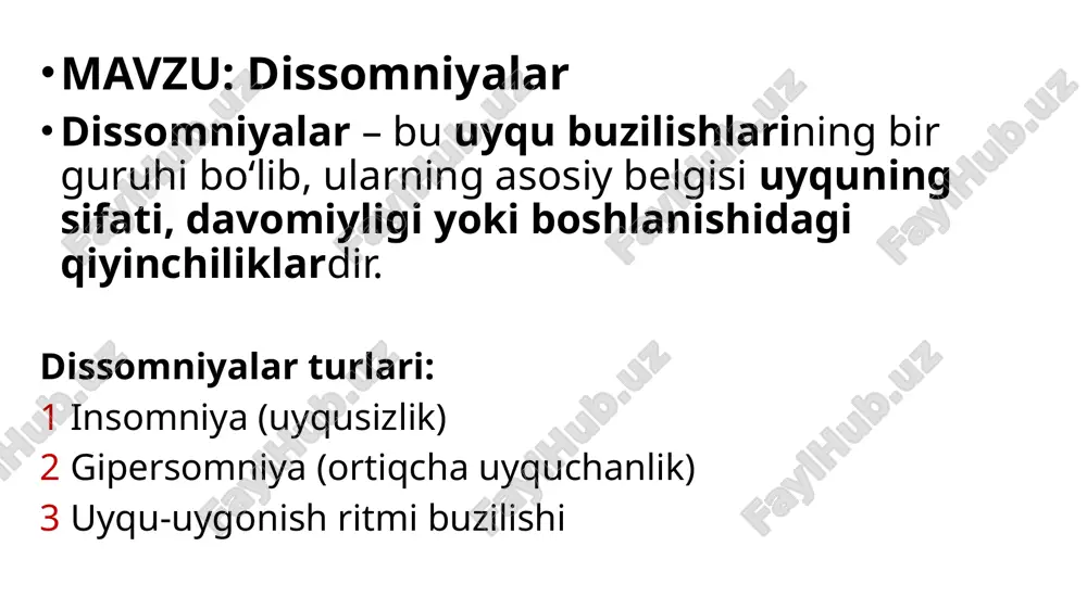 ganda yoki uyg‘onganda tanani harakatlantira olmaslik. 5. rem-uyqu xatti-harakat buzilishi – odam tushida ko‘rayotgan harakatlarni jismonan takrorlaydi (masalan, tepish, urish). xavfi: odam o‘ziga yoki boshqalarga zarar yetkazib qo‘yishi mumkin (masalan, uxlab yurib yiqilish, urilish). uyqu sifati buziladi, charchoq va asabiylik paydo bo‘ladi. image1.png image2.jpeg image3.jpeg image4.jpeg /docprops/thumbnail.jpeg
