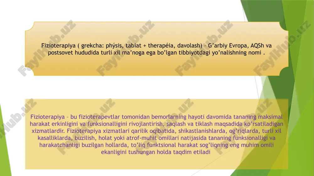 ta’sirga ega, bu qisman bemorlar orasida uning yuqori mashhurligini tushuntiradi; uning kamchiligi shundaki, u ko’pincha kasalliklarni davolashda yordam bermaydi. jarrohlik odatda davolash jarayonida oxirgi chora hisoblanadi. fizioterapiya jarrohlik bilan solishtirganda shikastlanmagan, bu ham bemorlar uchun jozibador . fizioterapiyaning maqsadi bemorning tanasiga ta’sir qilishning eksperimental jismoniy usullaridan foydalangan holda har qanday kasallikni davolashdir. maqsadi 1) terapevtik jismoniy madaniyat ( mashq terapiyasi ) – ta’sir qilish usullari: jismoniy mashqlar, massaj .masalan, tizzaning artrozi bilan og’rigan bemorlarda o’rtacha jismoniy mashqlarning ijobiy ta’siri kuzatiladi 2) inson tanasiga jismoniy ta’sir qilishning eksperimental usullari, ular juda ko’p, ularning tasnifida aniqlik va birgalikdagi ma’nosi yo’q past kuchlanish oqimlari: galvanizatsiya, to’rt kamerali va ikki kamerali galvanik vannalar, elektroforez, diadinamik terapiya, amplipuls terapiyasi, fluktuorizatsiya, elektro uyqu terapiyasi, elektromiyostimulyatsiya, transkranial va transvertebral mikropolyarizatsiya ; yo’nalishlar yorug’lik: quyoshda toblanish, infraqizil, ko’rinadigan, ultrabinafsha yoki polarizatsiyalangan nurlar bilan fototerapiya, lazer terapiyasi, rang terapiyasi, ko’zning rang terapiyasi, fotodinamik terapiya; yuqori kuchlanish oqimlari : darsonvalizatsiya, …